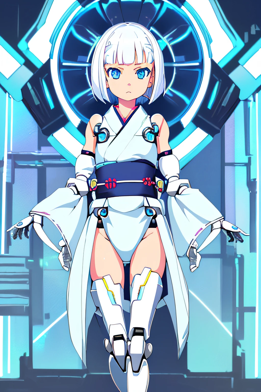 (sfw), intricate details, (bright neon colors), detailed background, daylight, indoors, 1girl, (petite, (expressionless cute face, bright glowing blue eyes), (human torso, petite perky breasts, yukata, robotic arms, robotic legs), (white hair, bob cut)), dynamic angle