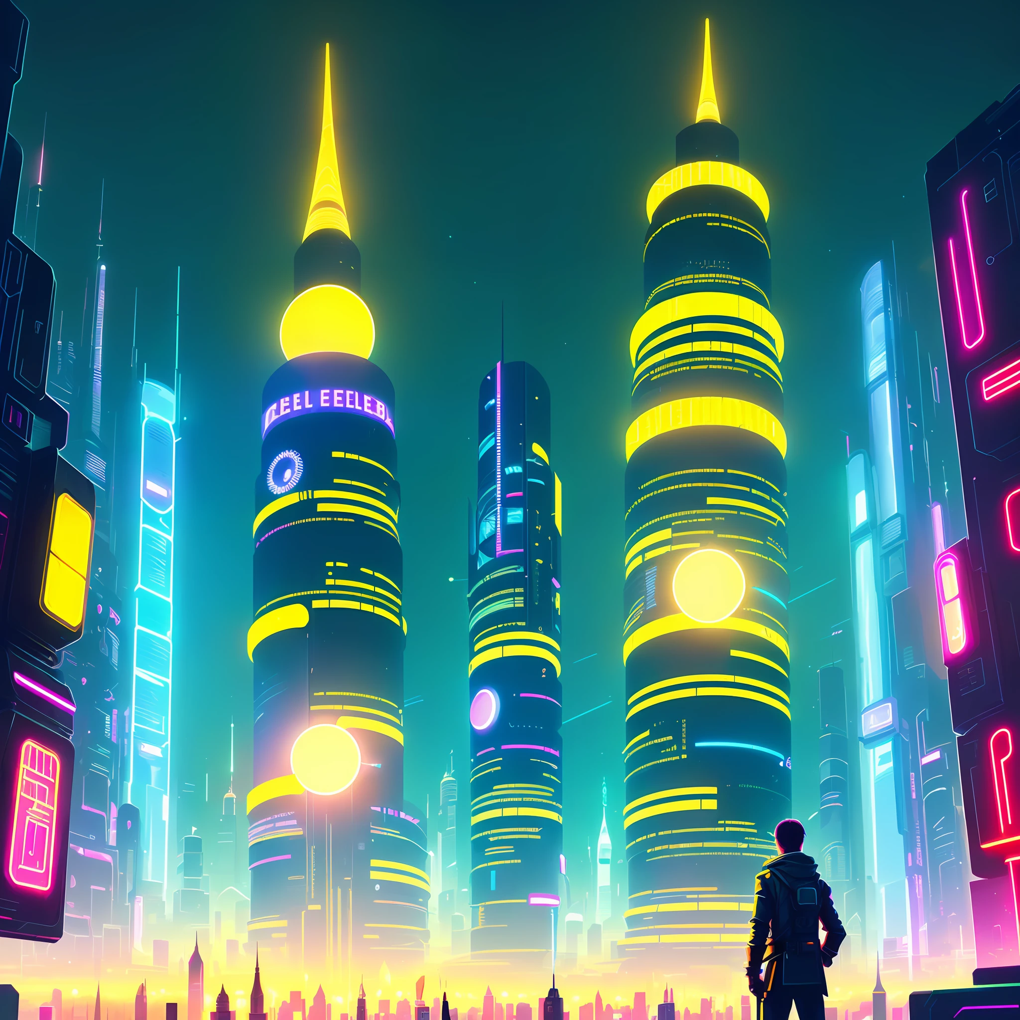 a person standing in front of a wall of neon-lit text, inside an elven city, concept art, by Emiliano Ponzi, by Chris Ware, criteria collection, concept art, dystopian, science fiction, ((8k, high resolution, ultra detailed)), (((sharp lines))), (((perfectly round cutout in the middle of the screen))) (((futuristic cyberpunk style))) (((tower of Babel))) ((((Babel Tower))) (((a tower in the center))) (((yellow led lights at the foot of the tower)))