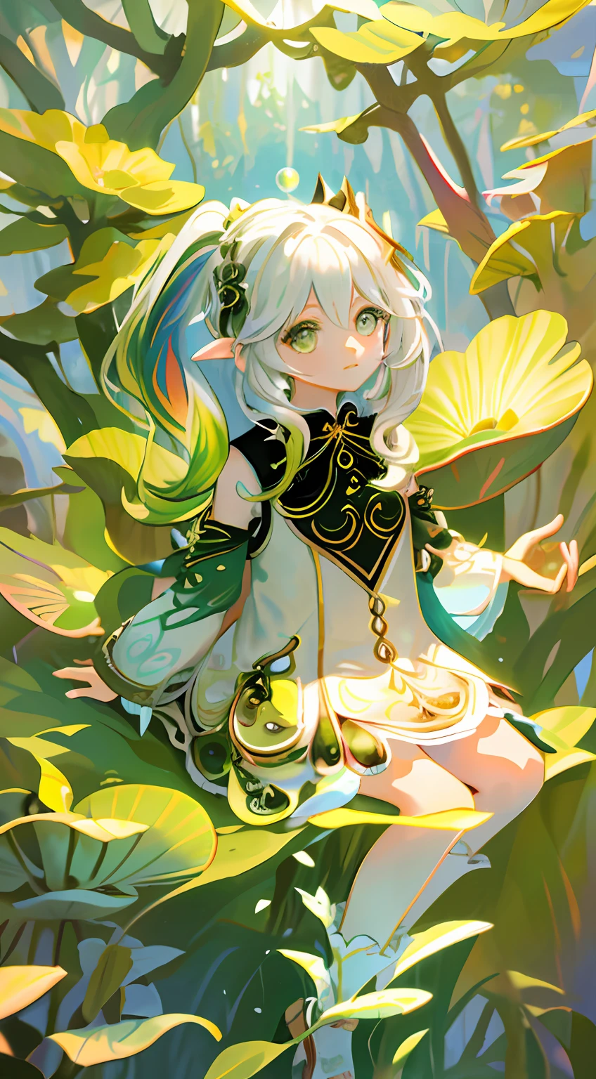 nahida (masterpiece), (best quality), (ultra detailed),(disheveled hair),(illustration), (1girl), beautifuldetailedeyes,delicate beautiful face,Floating,(high saturation),(colorful splashes),colorful bubble,(shining),focus on face, floating in air in a forest full of colorful mushrooms