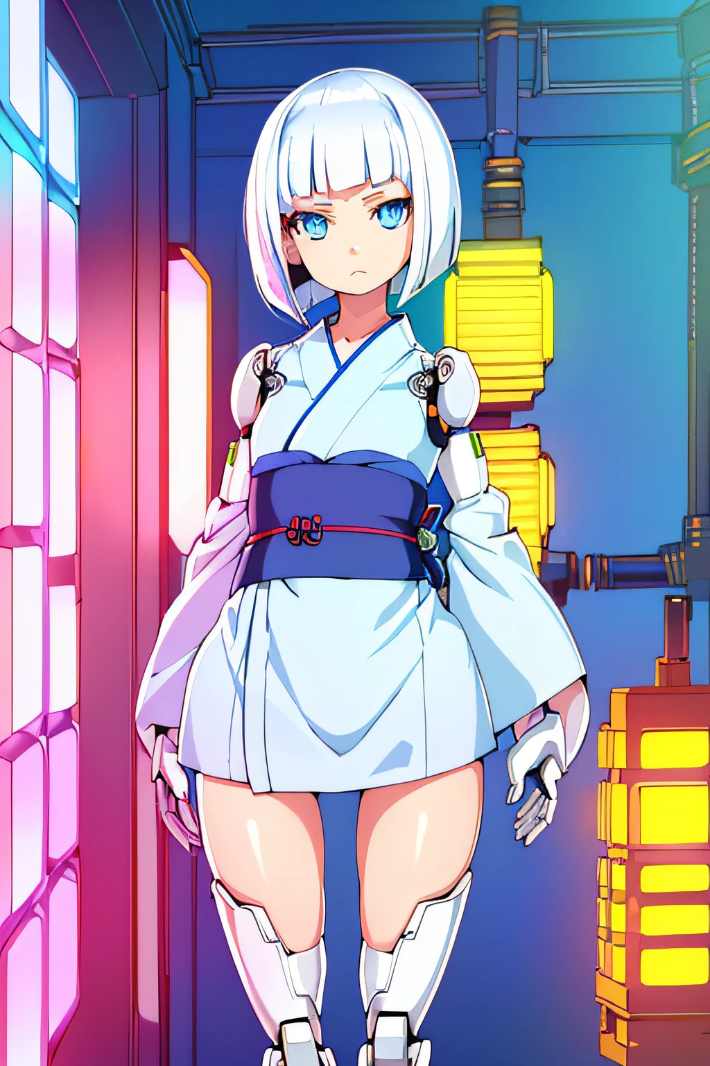 (sfw), intricate details, (bright neon colors), detailed background, daylight, indoors, 1girl, (petite, (expressionless cute face, bright glowing blue eyes), (human torso, petite perky breasts, yukata, robotic arms, robotic legs), (white hair, bob cut)), dynamic angle