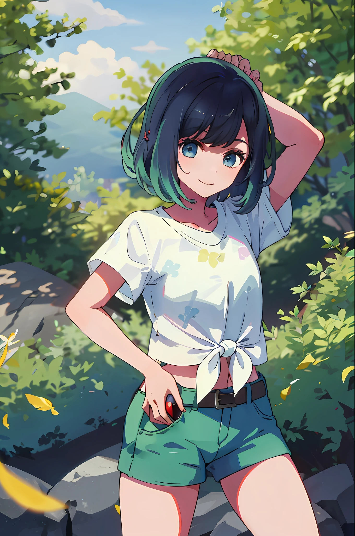 masterpiece, best quality, highres, selene1, 1girl, selene1, 1girl, selene \(pokemon\), solo, blue eyes, blue hair, green shorts, red headwear, beanie, shirt, tied shirt, floral print, short hair, short sleeves, short shorts, striped, yellow shirt, belt, midriff, cowboy shot, grass, flower, tree, smile, holding poke ball, hand on hip, poke ball \(basic\),akane,