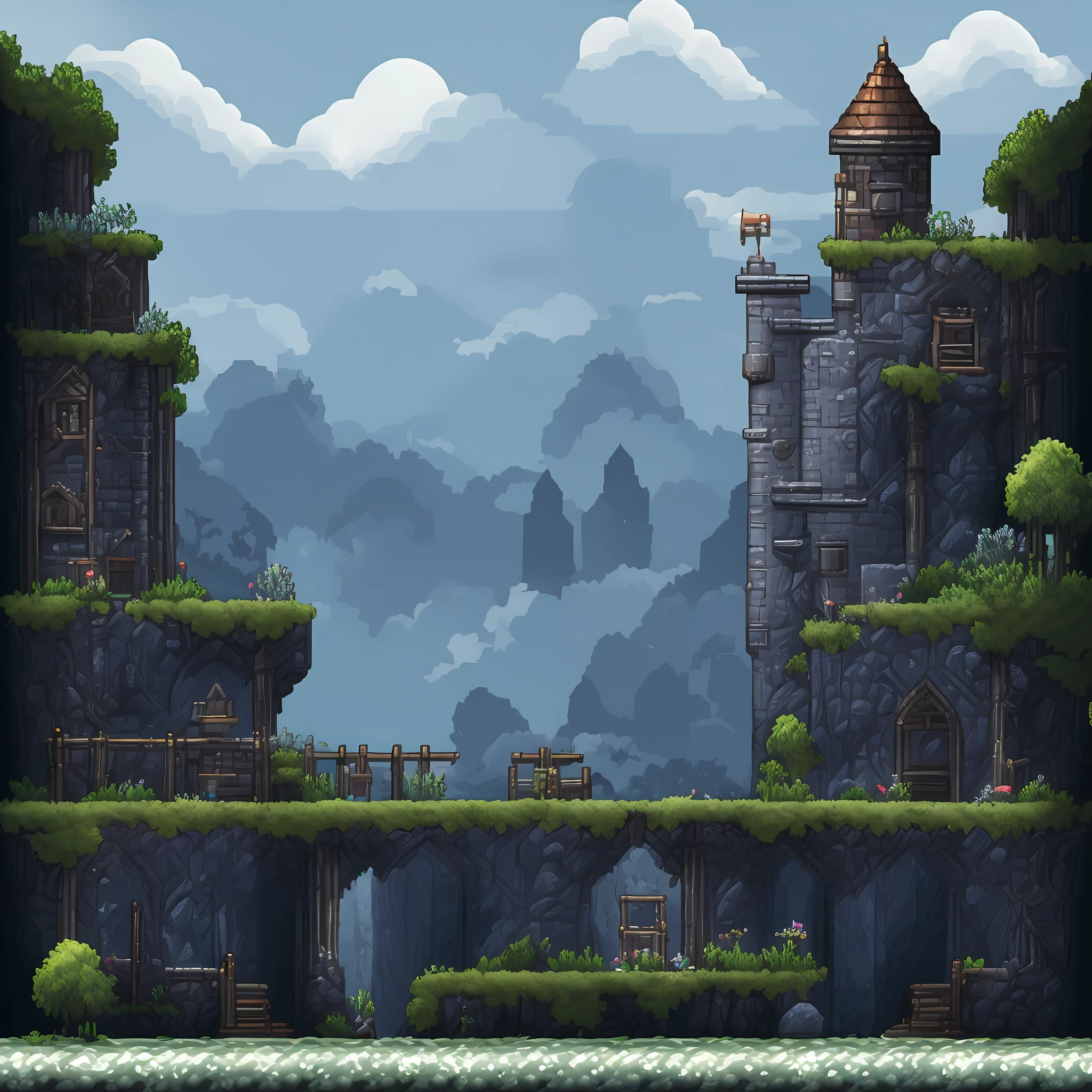 PixelArt Official Video Game Environment, 2D Fighting Ring Official PixelArt Video Game Game, Ring in foreground and background with medieval castle, award-winning image, dramatic and ghostly air, Dark atmosphere