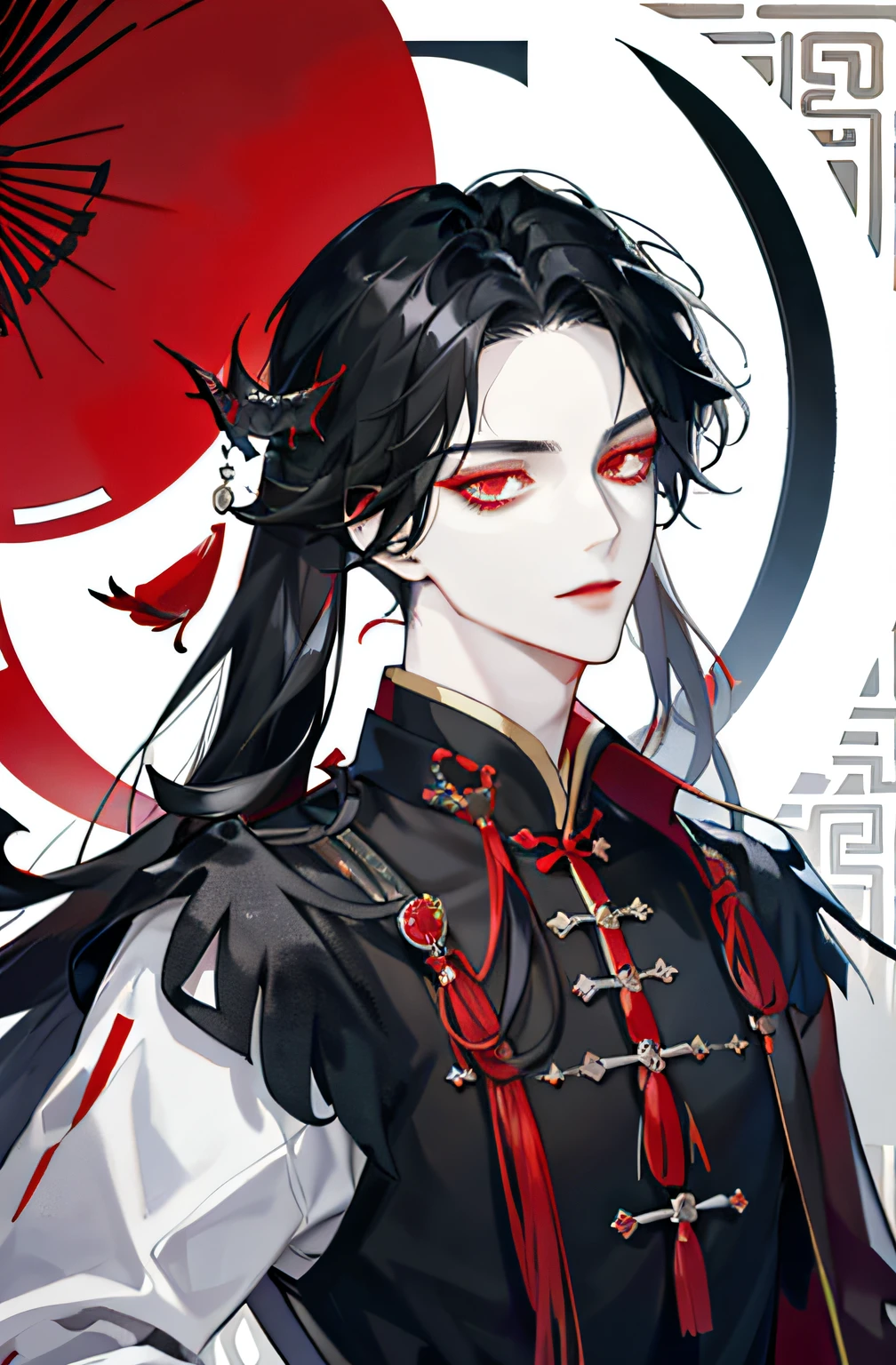 long black haired man, red eyes, sexy, chinese royalty, bad boy, white skin, high quality, highly detailed, detailed face, red closes, black eyelashes, dark night, stars, full moon, silver butterflyes, Chinese, Chinese royal clothing