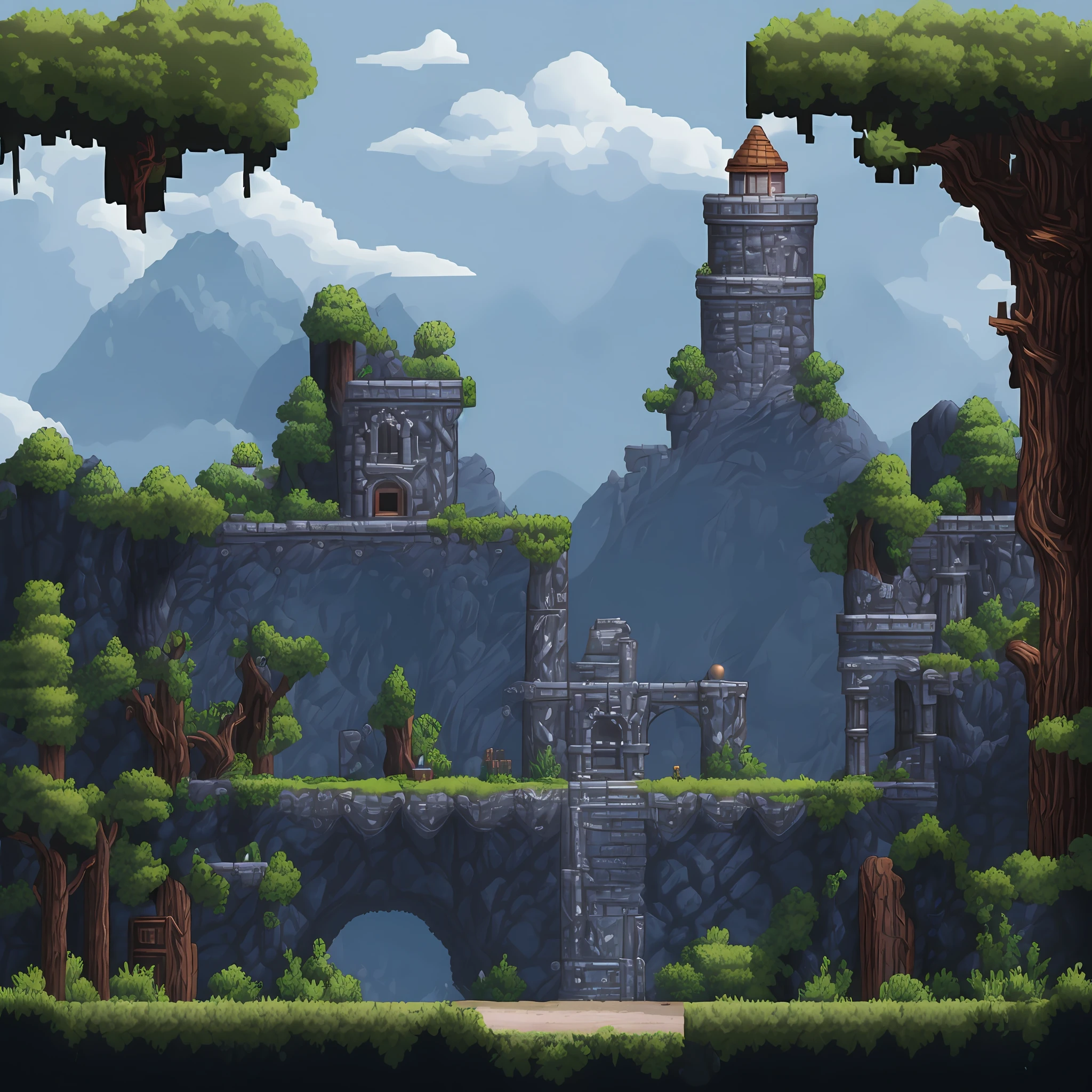 PixelArt Official Video Game Environment, 2D Fighting Ring Official PixelArt Video Game Game, Ring in foreground and background with medieval castle, award-winning image, dramatic and ghostly air, Dark atmosphere