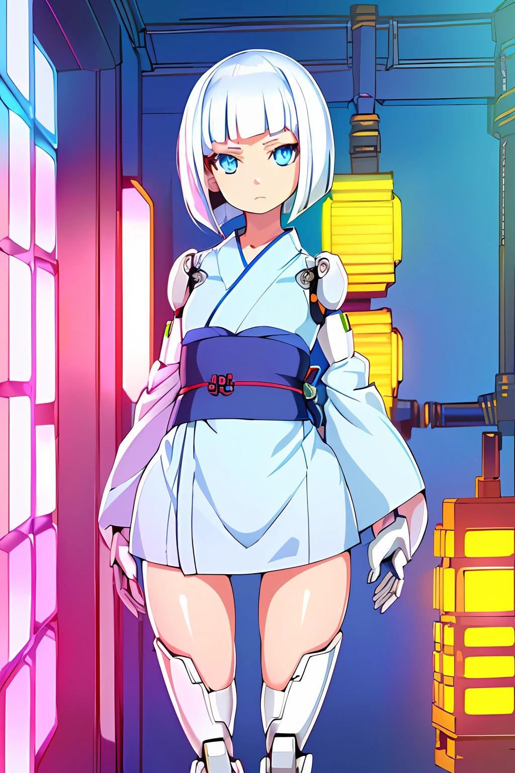 (sfw), intricate details, (bright neon colors), detailed background, daylight, indoors, 1girl, (petite, (expressionless cute face, bright glowing red eyes), (human torso, petite perky breasts, cheerleader, robotic arms, robotic legs), (brown hair, bob cut)), dynamic angle