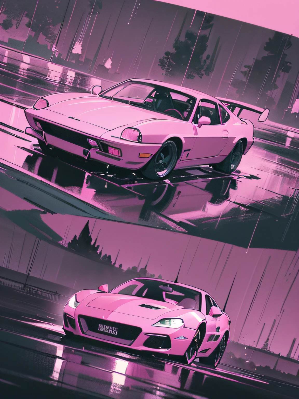 (masterpiece), (best quality), (best detail), (distant general point of view),(main color of the illustration: deep pink), (secondary color: pastel green), a sports car from the 70' wet,((pilot with helmet driving)), very detailed chassis, racing scene in the rain, night (moon),neon lights, shading (detailed, high contrast), metallic shine