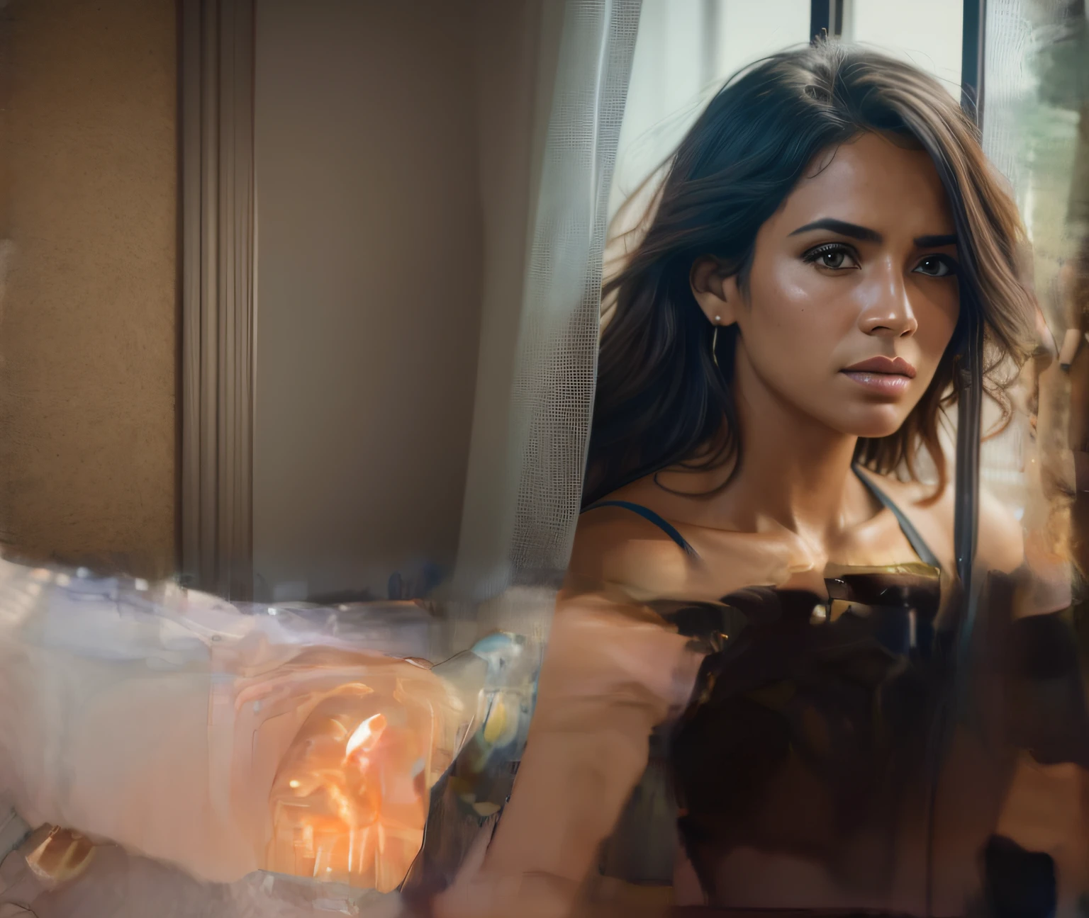 there is a woman that is looking out of a window, portrait emily ratajkowski, beautiful look, intense sunlight, beauty shot, photoshoot for skincare brand, flawless olive skin, jaw dropping beauty, portrait shot, sexy face, film still of kim kardashian, diffused natural skin glow, intense look, close up portrait shot, close portrait, breathtaking face, breathtaking look