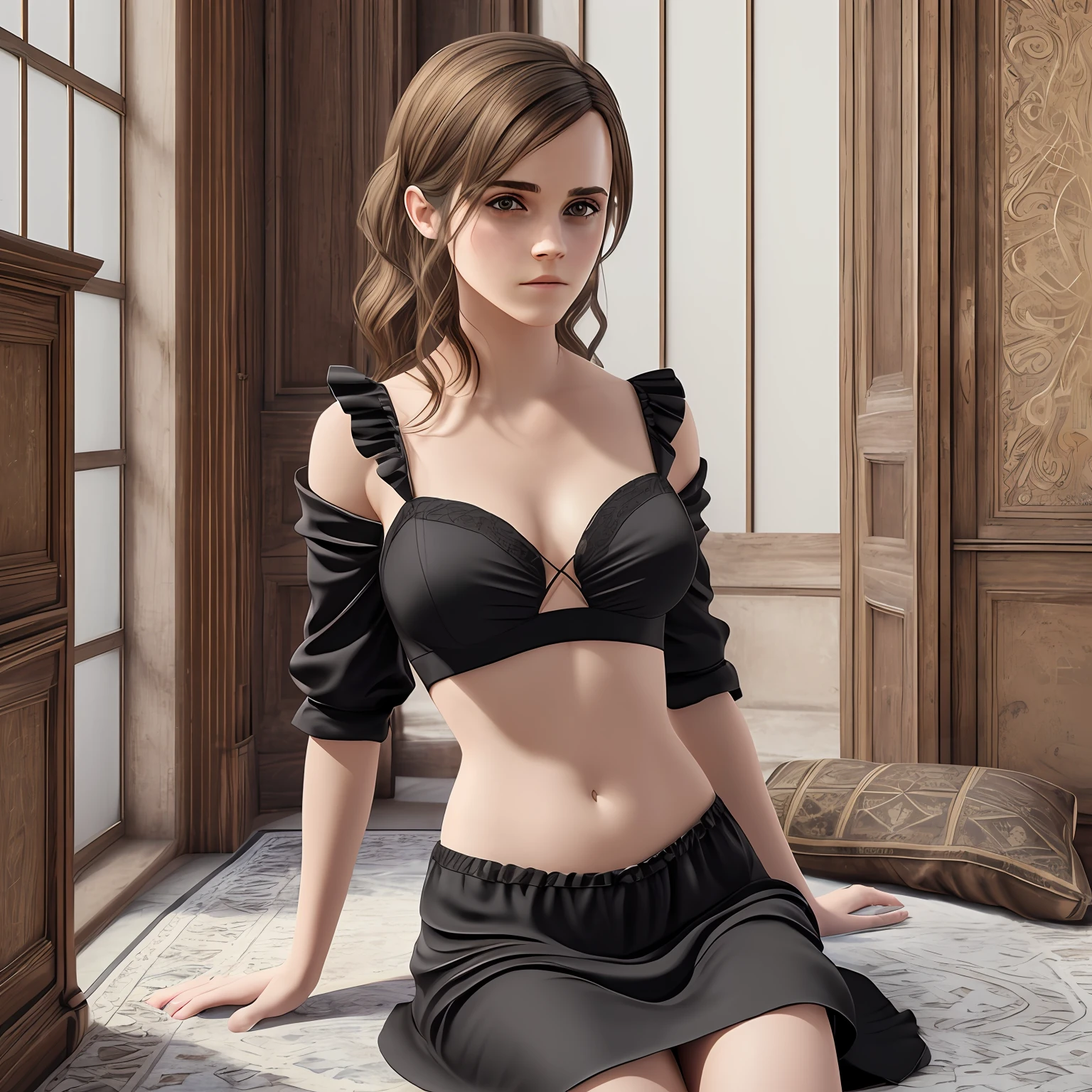 (Emma Watson:1,8), bedroom, sensual, dreamy, (round breasts:1,4), (black dress: 1,8), (groin: 1,2), (beautiful big eyes:1,4), (focus on eyes and mouth:1,5), collarbone, belly button, natural light, extremely detailed, 8yk, raw photo, high level of detail, (ray tracing), (masterpiece), (best quality), high resolution, (realistic: 1,4), physically based representation, ultra-realistic, whole body --auto --s2