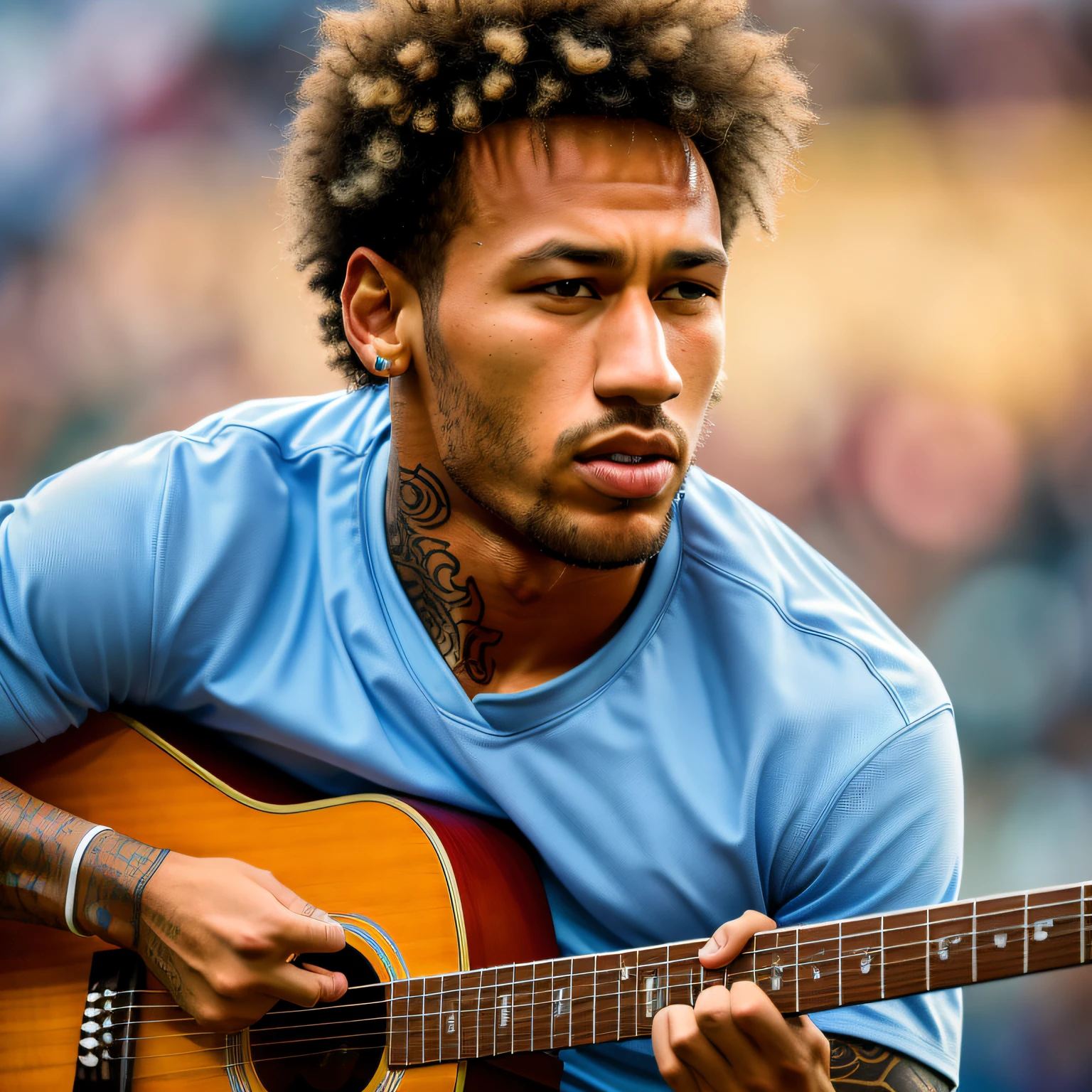 natural light, RAW photo, high quality photographic portrait of Neymar with a musician outfit with a guitar high definition, high resolution, (highly detailed face:1.2), (detailed skin texture), detailed mouth, detailed chin, detailed nose, dramatic lighting, cinematic lighting, high definition, high quality, Fujifilm XT3