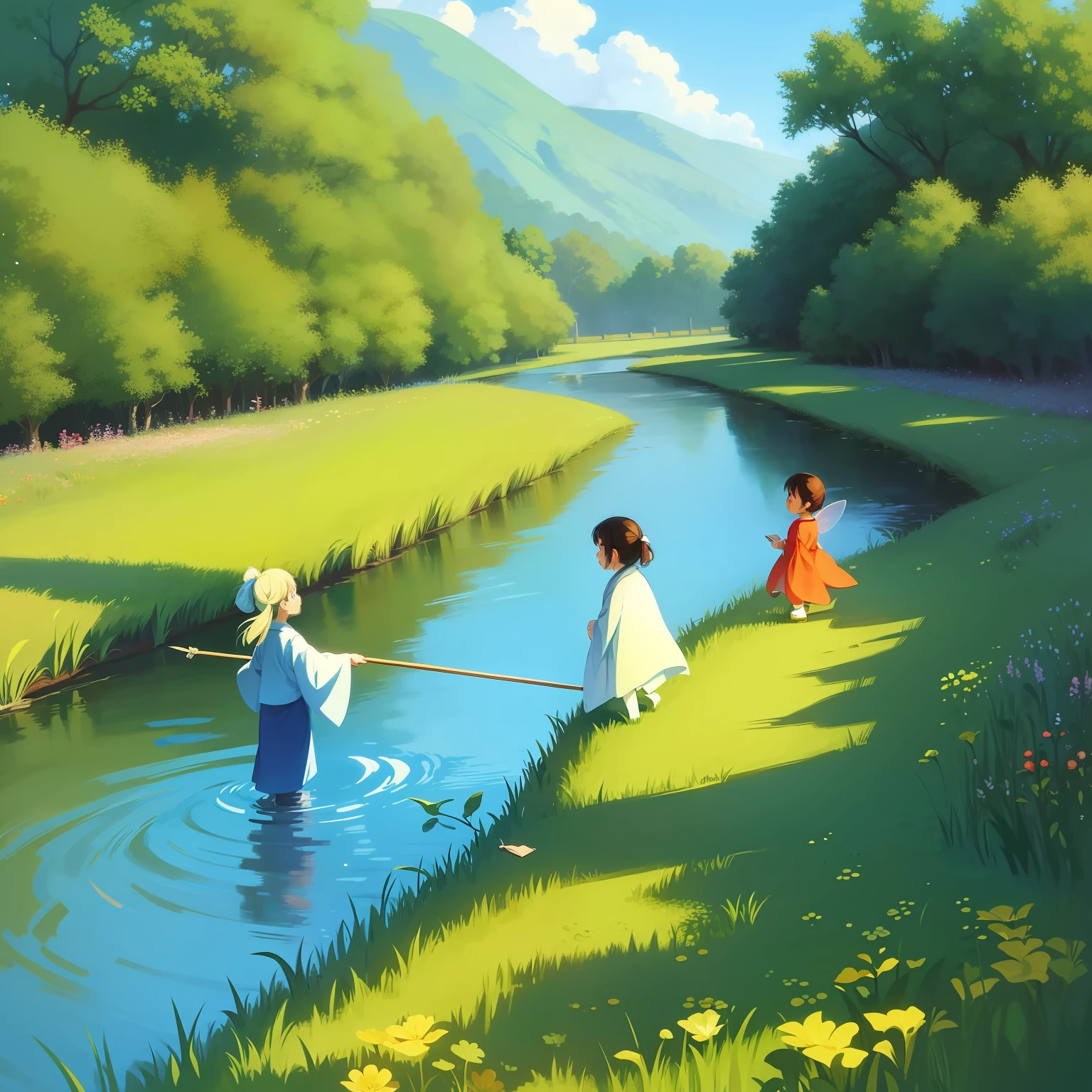 Fairy tale illustration by Reiko Ikemura, pixabay, simple art, full color illustration, cute fairy tale illustration, picture book illustration, illustration", in the style of Hayao Miyazaki, playing in the river, children, in the field, kimono, kimono --auto --s2