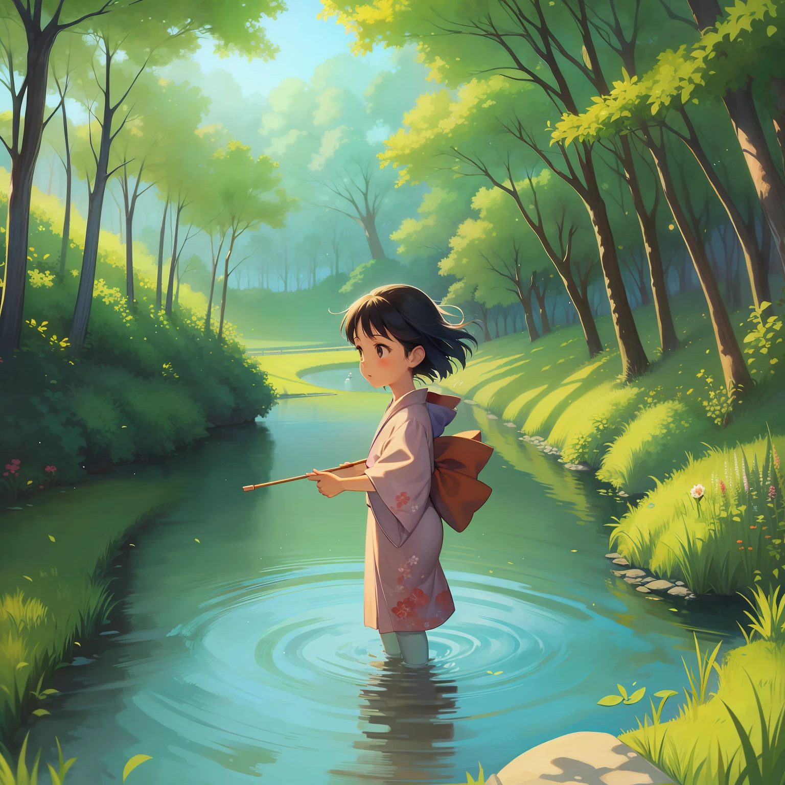 Fairy tale illustration by Reiko Ikemura, pixabay, simple art, full color illustration, cute fairy tale illustration, picture book illustration, illustration", in the style of Hayao Miyazaki, playing in the river, children, in the field, kimono, kimono --auto --s2