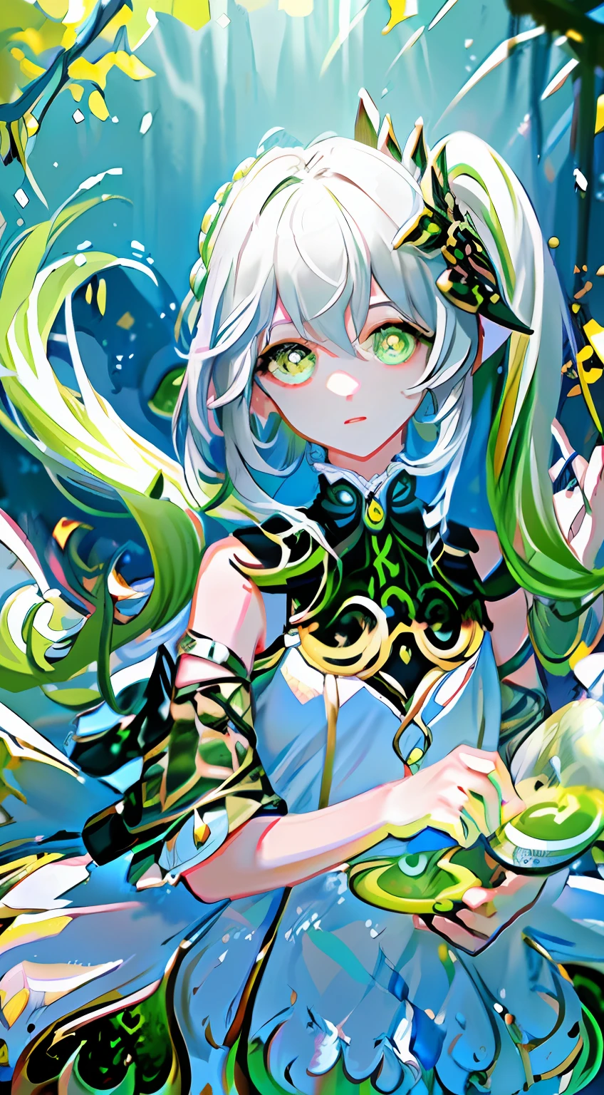 nahida (masterpiece), (best quality), (ultra detailed),(disheveled hair),(illustration), (1girl), beautifuldetailedeyes,delicate beautiful face,Floating,(high saturation),(colorful splashes),colorful bubble,(shining),focus on face