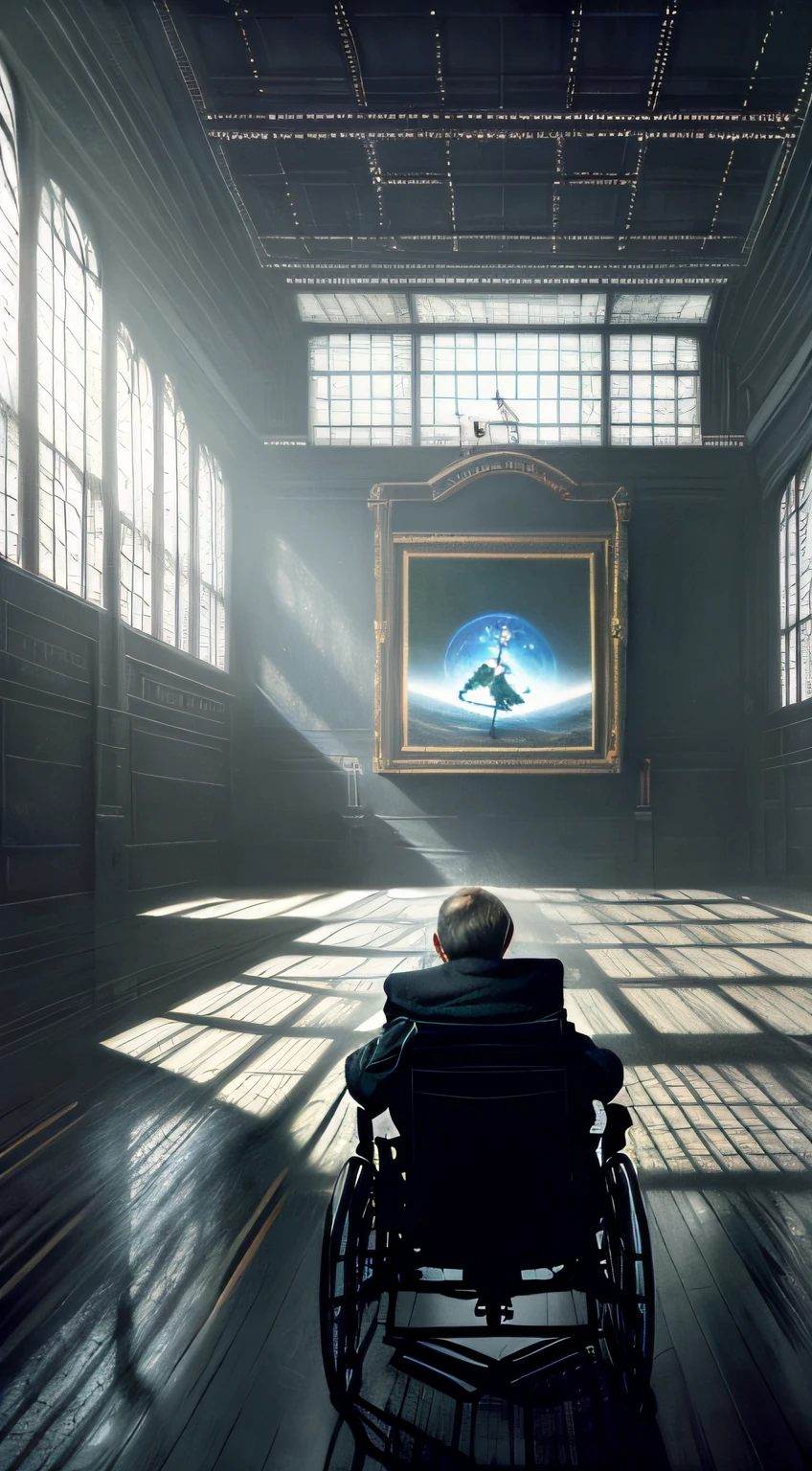 image of Stephen Hawking sitting alone in a big room decorated for a time traveler party, high contrast, concept art, dramatic lighting, digital art, 8k, extremely detailed, drawn by ruan jia