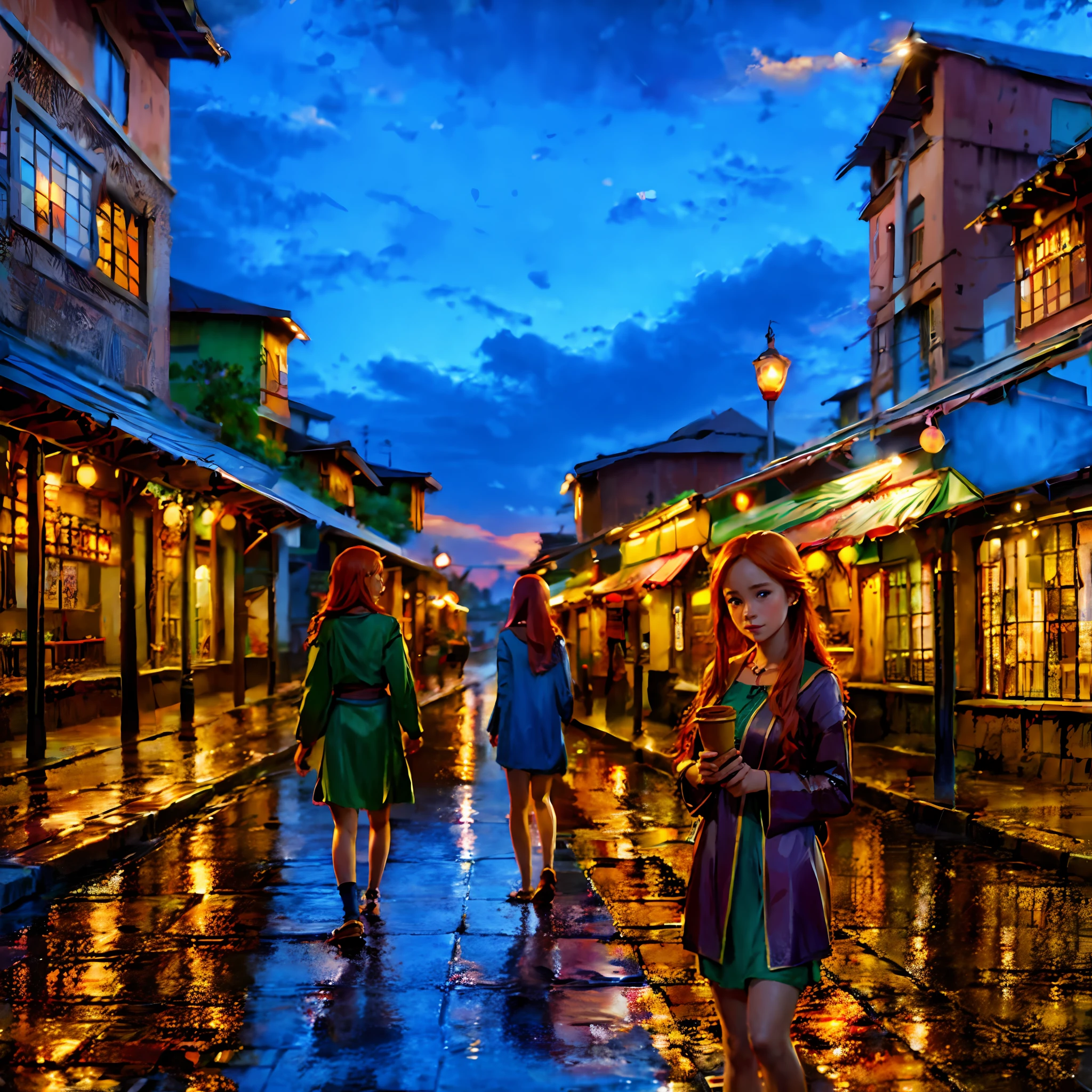 Young ginger woman, Post-Impressionism, anime key visual, landscape of a Wet street market and biophilic Tanzanian Bridge, at Twilight, Sketch, hair light, hearthstone artwork, cinematic, unreal engine