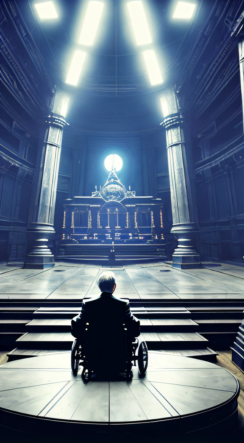 image of Stephen Hawking sitting alone in a big room decorated for a time traveler party, high contrast, concept art, dramatic lighting, digital art, 8k, extremely detailed, drawn by ruan jia