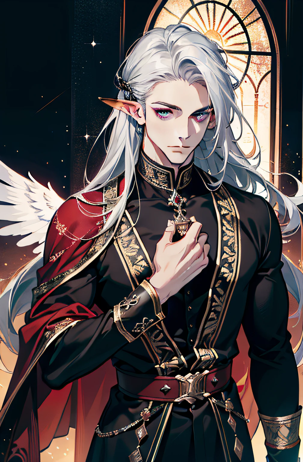 (absurdres, highres, ultra detailed), 1 male, adult, handsome, tall muscular guy, broad shoulders, finely detailed eyes and detailed face, red color long hair, fantasy, complex pattern, detailed face, black wings, lens flare, colorful, black clothes, silver bracelets and accessories, prism, glowing, glitter, particles, bloom, likes to celebrate and have fun, enjoys nature, bright and gothic outlook, creative and adventurous spirit, represents happiness and harmony, elf ears, violet eyes