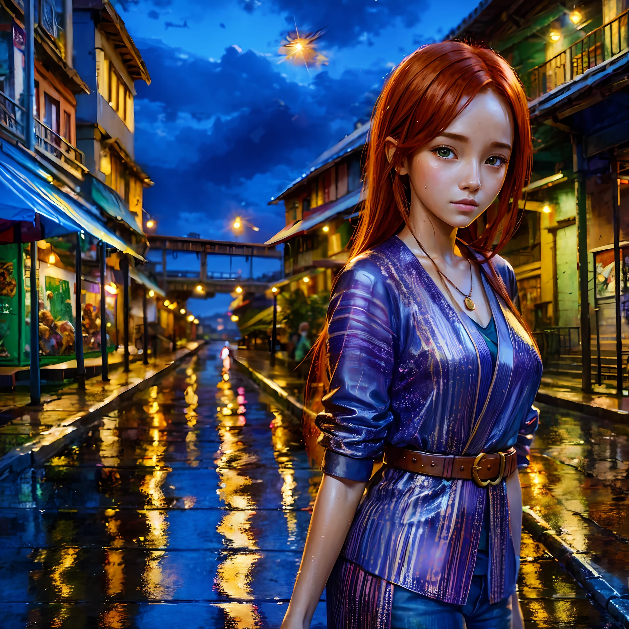 Young ginger woman, Post-Impressionism, anime key visual, landscape of a Wet street market and biophilic Tanzanian Bridge, at Twilight, Sketch, hair light, hearthstone artwork, cinematic, unreal engine