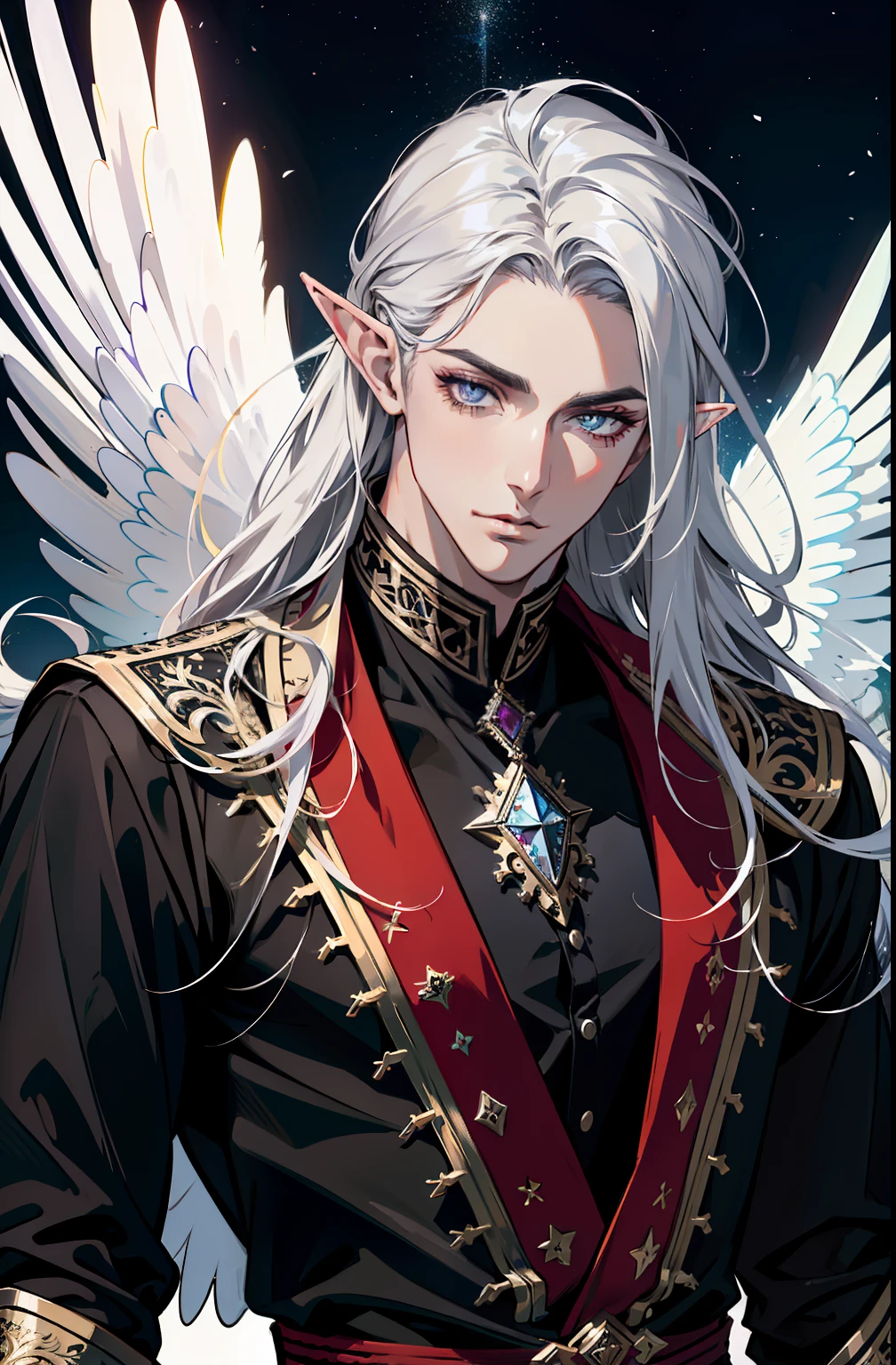(absurdres, highres, ultra detailed), 1 male, adult, handsome, tall muscular guy, broad shoulders, finely detailed eyes and detailed face, red color long hair, fantasy, complex pattern, detailed face, black wings, lens flare, colorful, black clothes, silver bracelets and accessories, prism, glowing, glitter, particles, bloom, likes to celebrate and have fun, enjoys nature, bright and gothic outlook, creative and adventurous spirit, represents happiness and harmony, elf ears, violet eyes
