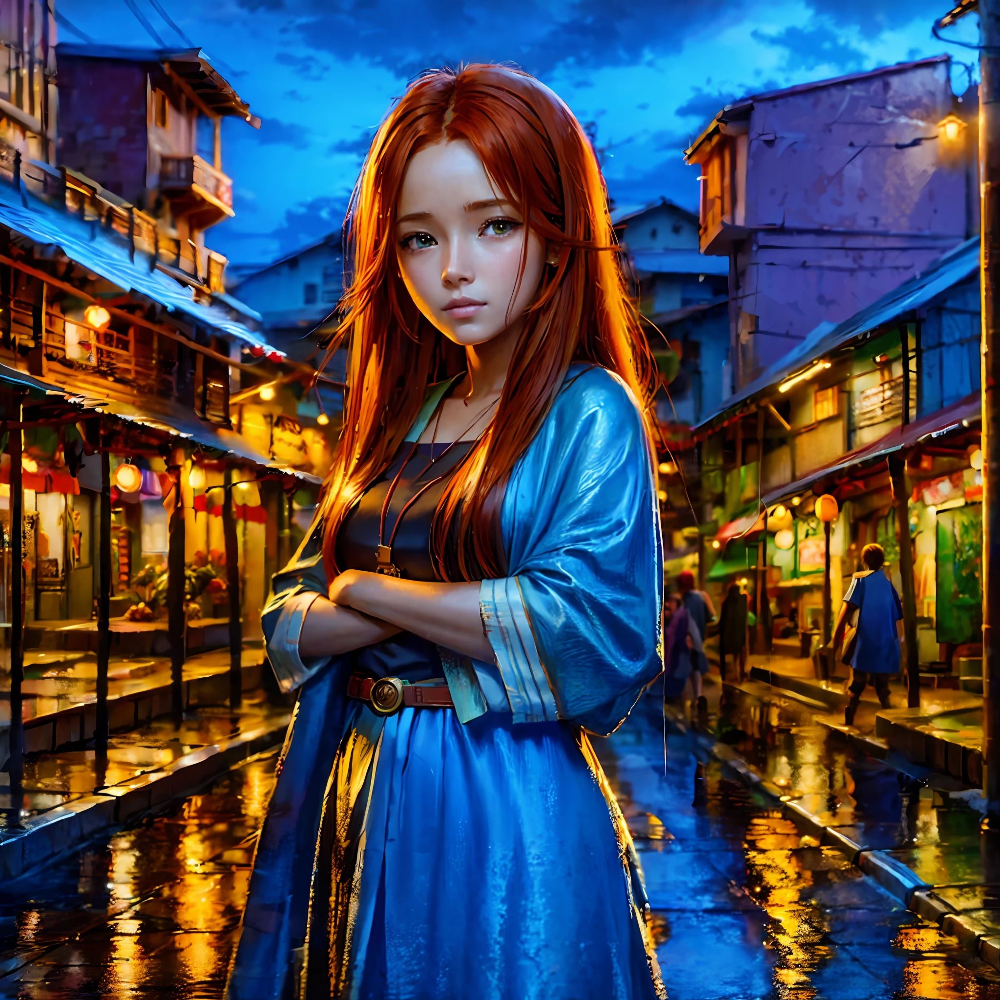 Young ginger woman, Post-Impressionism, anime key visual, landscape of a Wet street market and biophilic Tanzanian Bridge, at Twilight, Sketch, hair light, hearthstone artwork, cinematic, unreal engine