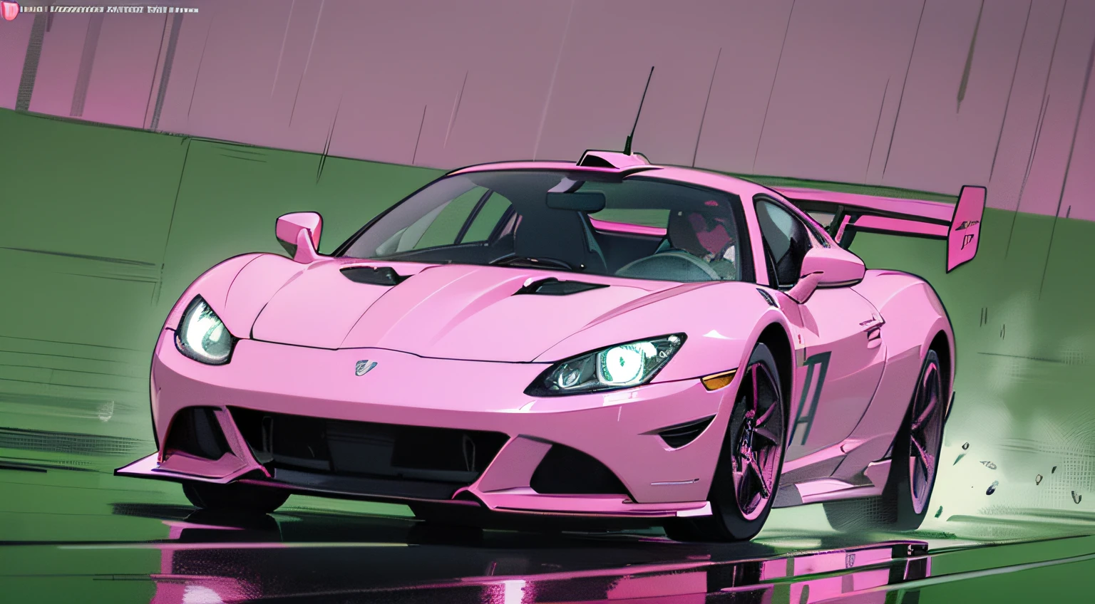 (masterpiece), (best quality), (best detail), (distant general point of view),(main color of the illustration: deep pink), (secondary color: pastel green), a sports car from the 70' wet (shiny chassis, wet), beautiful driver, racing scene in the rain, night (moon),shading (detailed, quality)
