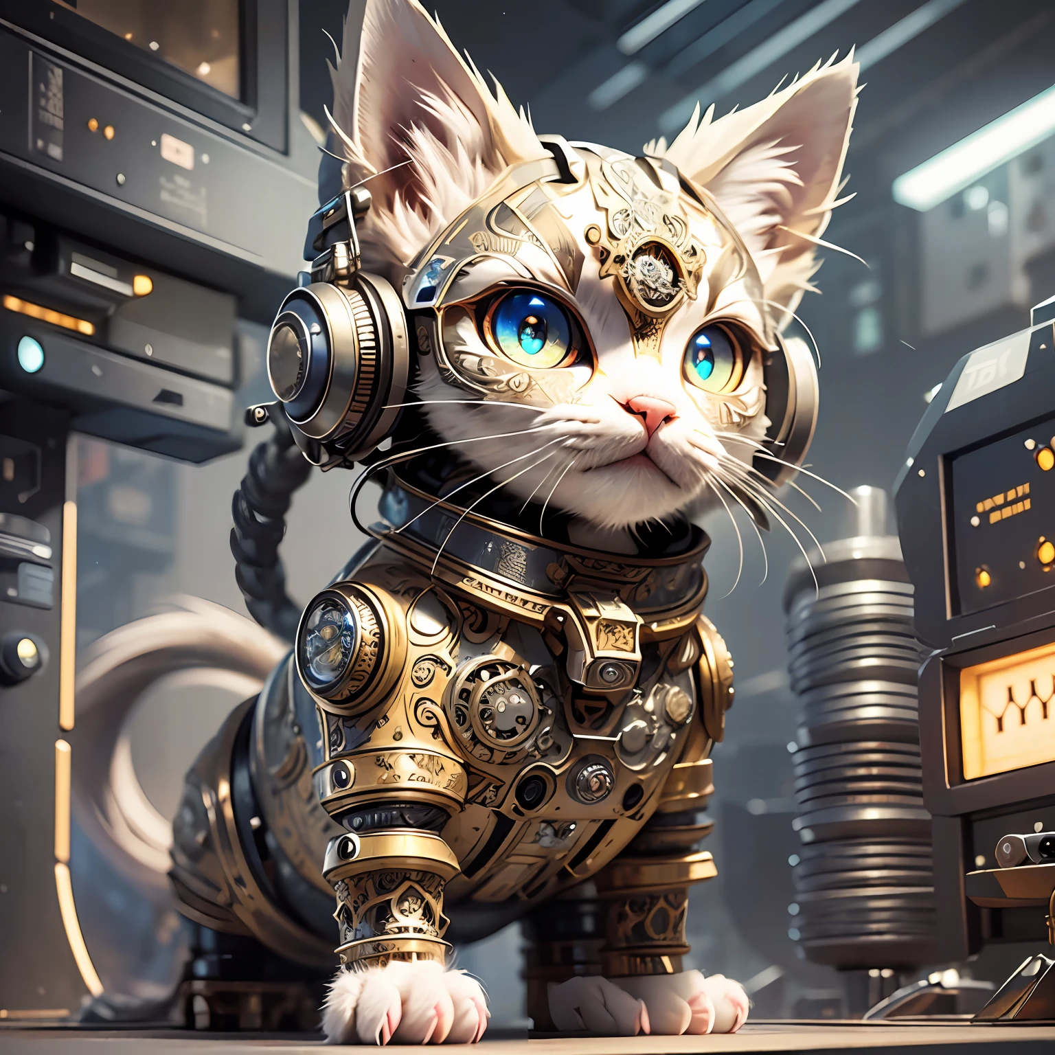 a cute fluffy kitten made out of metal, cyborg, cyberpunk style, clockwork, ((intricate details)), hdr, big eyes, ((intricate details, hyperdetailed)), vacuum tube or electron tube, cinematic shot, vignette, bokeh effect beckground --auto --s2