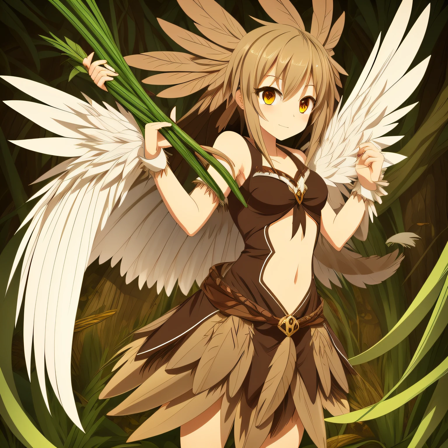 Harpy, (monster girl), light brown feathers, light brown wings, a V marking on forehead, brown eyes, yellow duck feet, holding a leek, dressed modestly