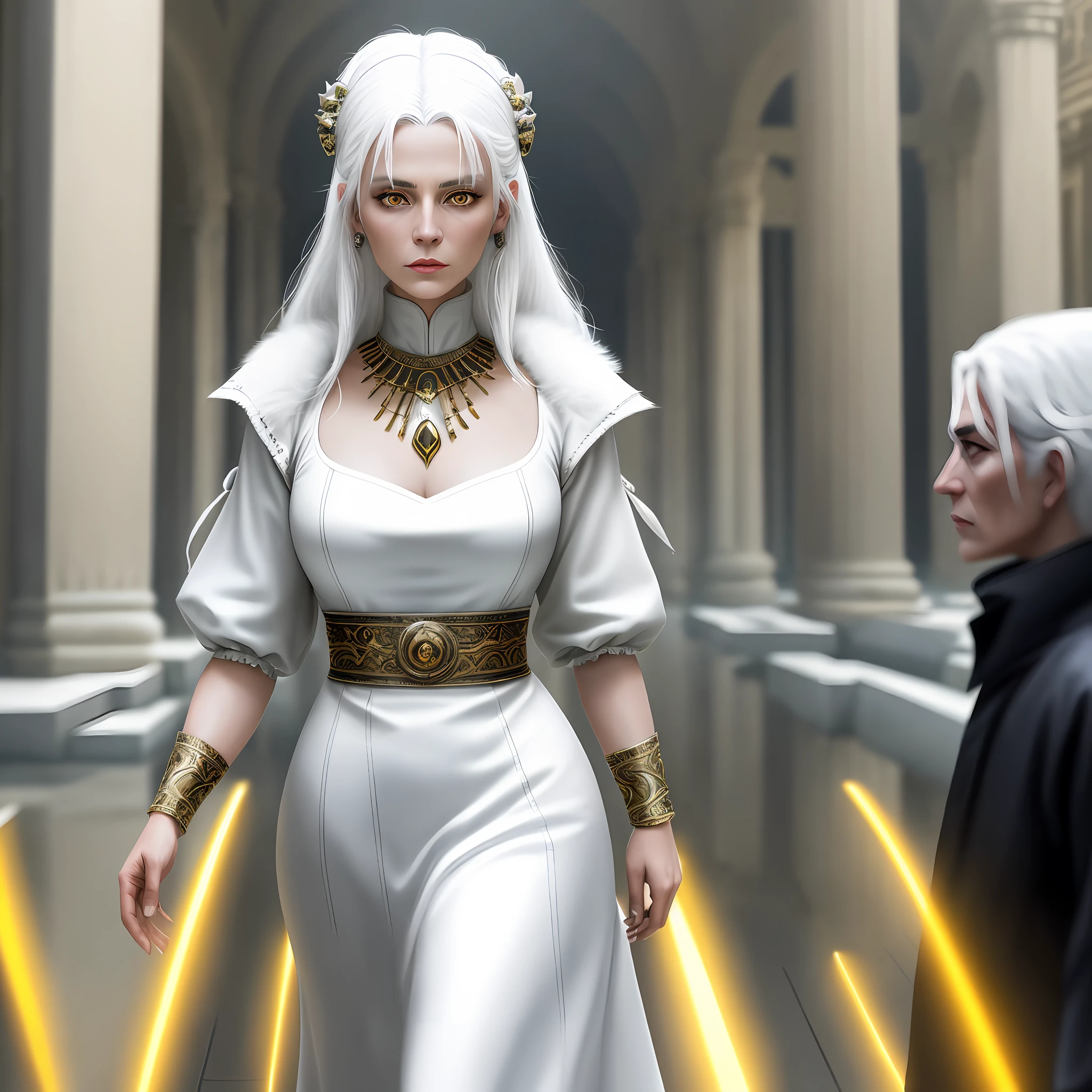 Woman with white hair, clothes made of animal skins, yellow eyes, jewelry on the neck, background of a palace, cinematic focus, 8k quality, vivid colors, reflections