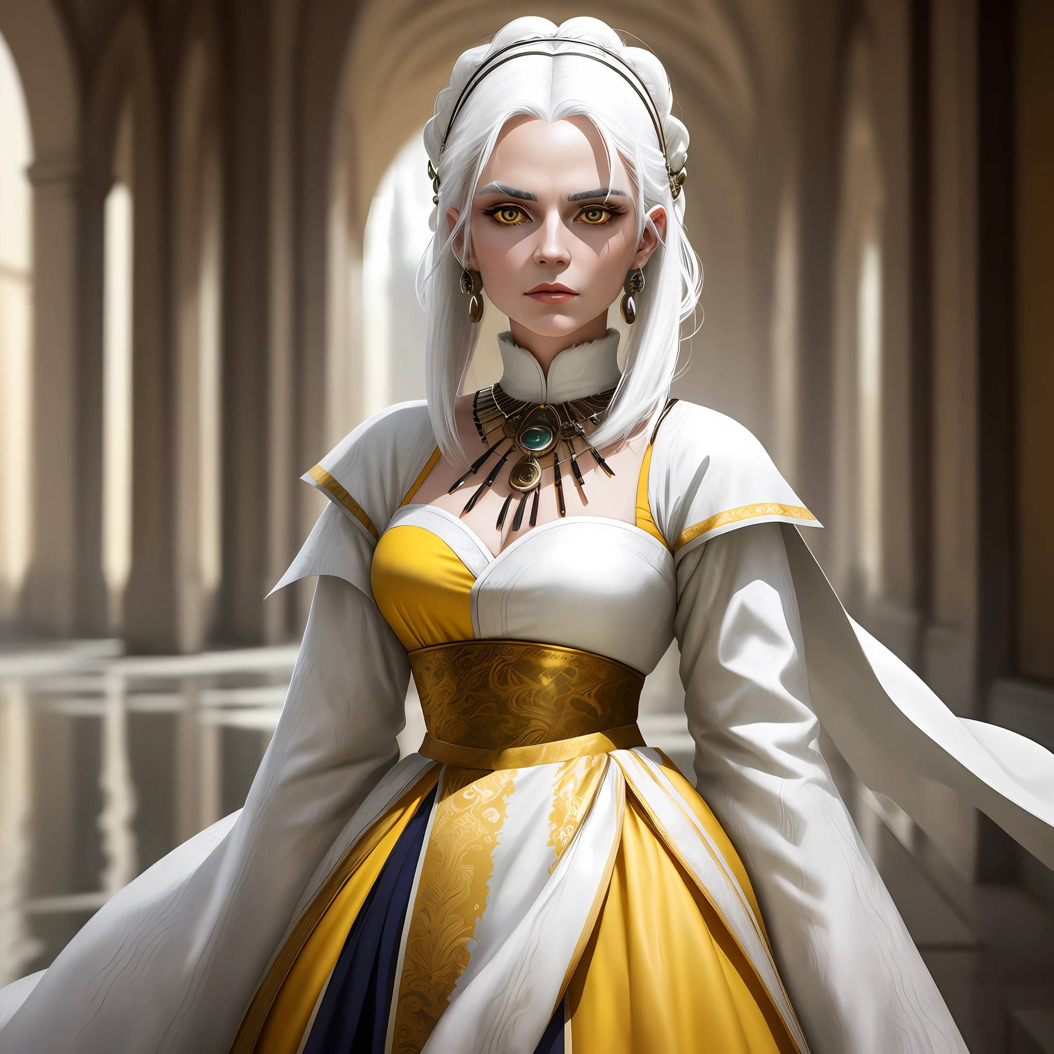 Woman with white hair, clothes made of animal skins, yellow eyes, jewelry on the neck, background of a palace, cinematic focus, 8k quality, vivid colors, reflections