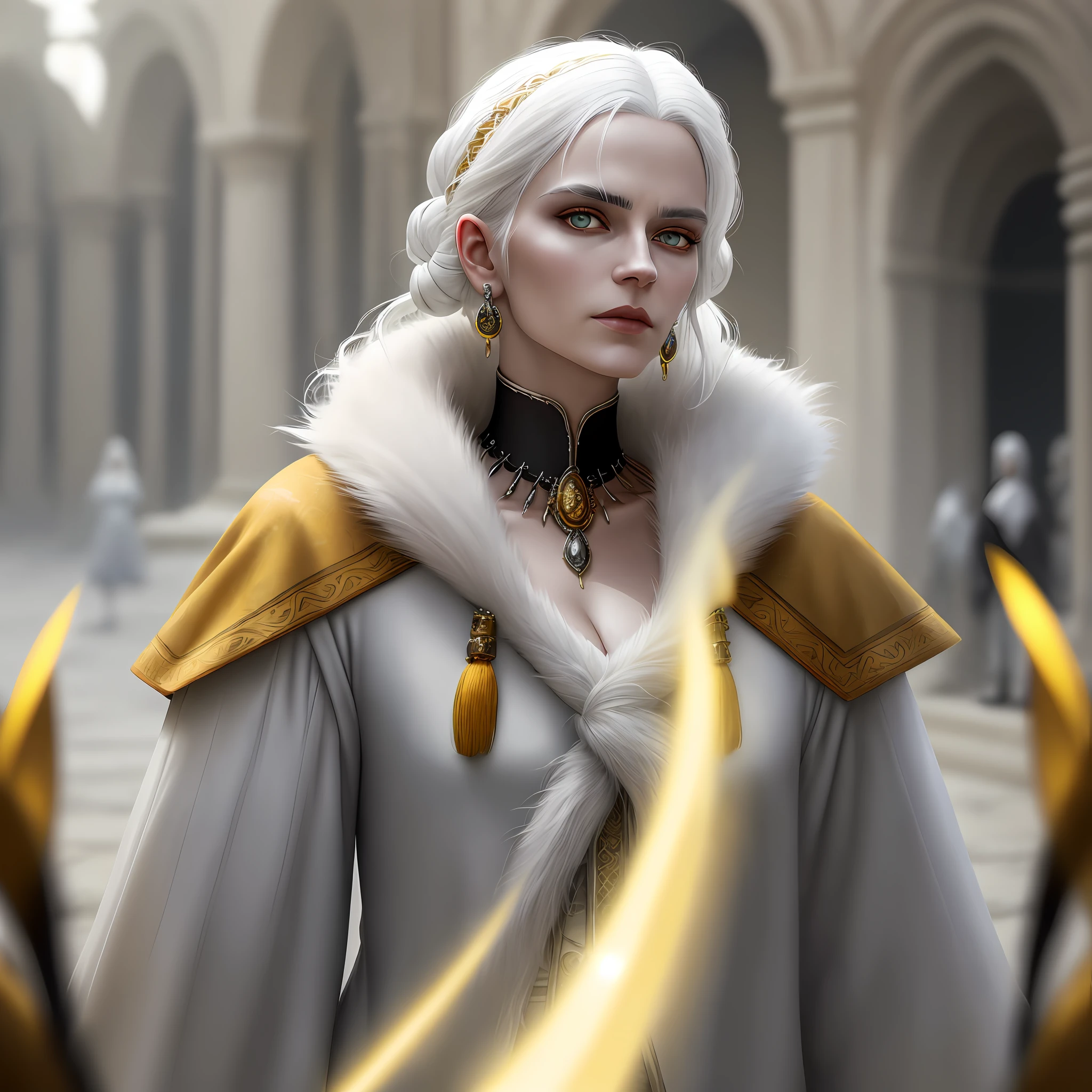 Woman with white hair, clothes made of animal skins, yellow eyes, jewelry on the neck, background of a palace, cinematic focus, 8k quality, vivid colors, reflections