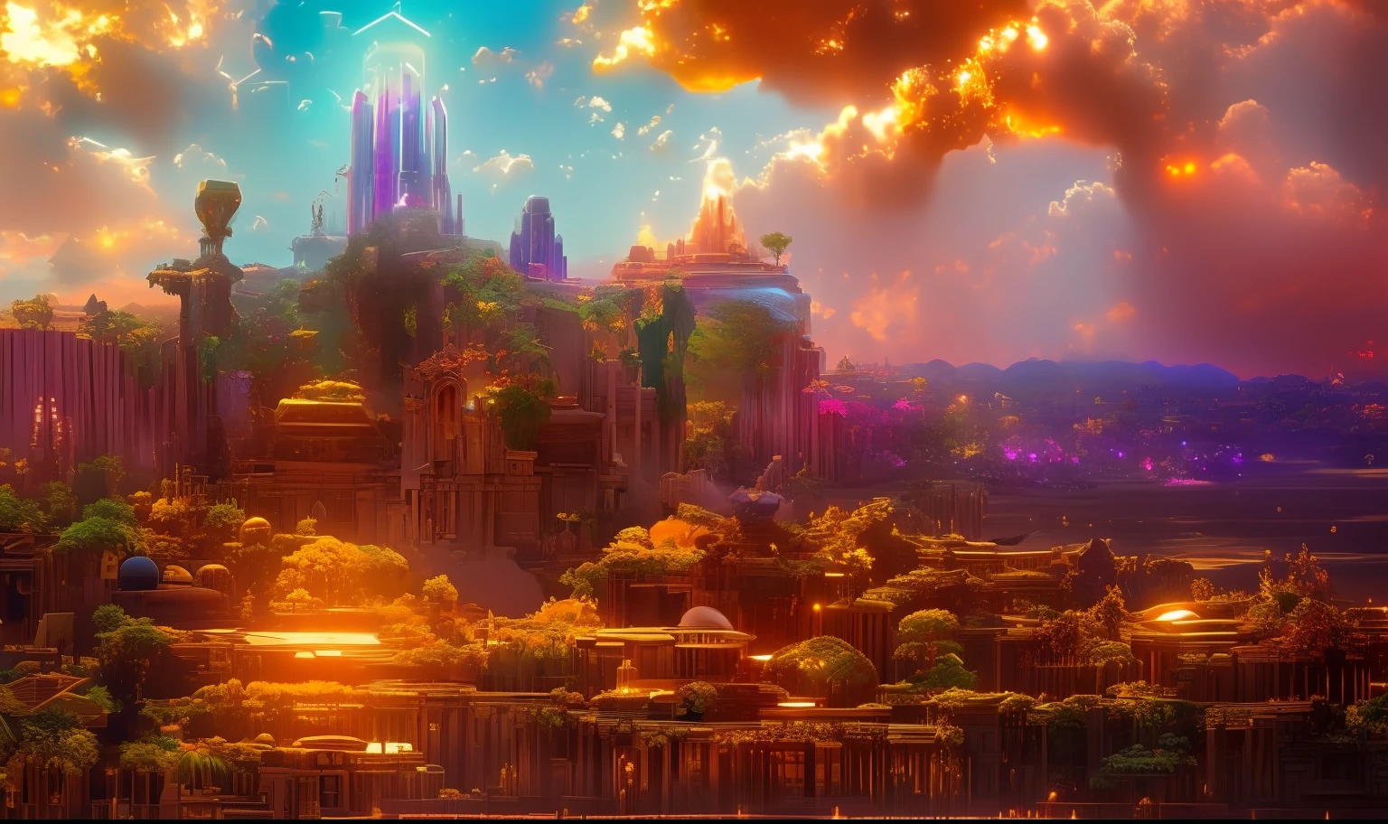 a kingdom with traces of the fictional kingdom of wakanda, cinematic, with traces also of indigenous cultures.cinematic lighting, chromatic aberration, backlighting, masterpiece, high details, high quality, 4K.