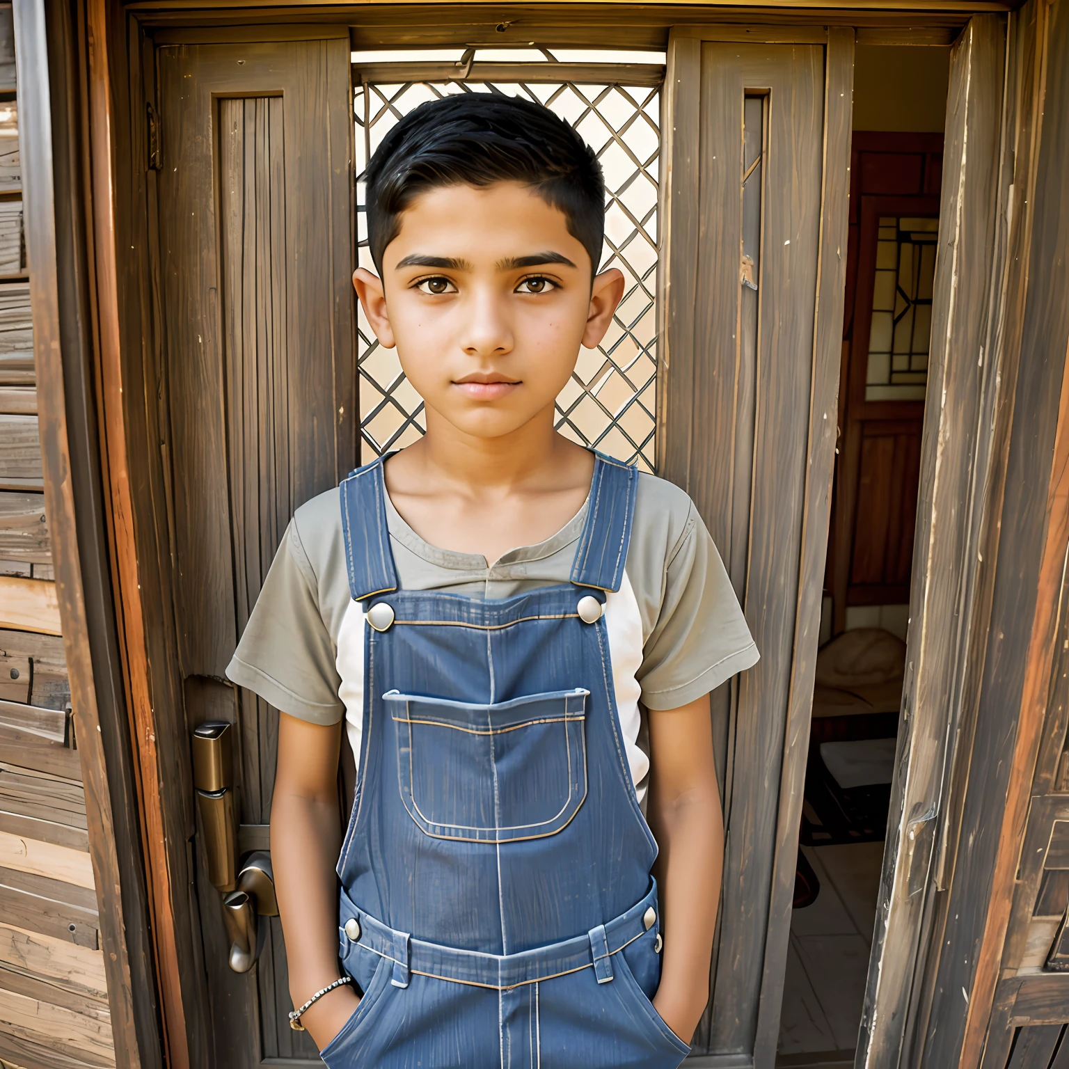 A fair-skinned 13-year-old Arab boy wearing low overalls (with nothing underneath) standing looking at the camera with his hair cut short and his shaved sides decorated with stylized tribal symbols pressing against the door frame of a typical poorly maintained American home. Photorealist --auto --s2