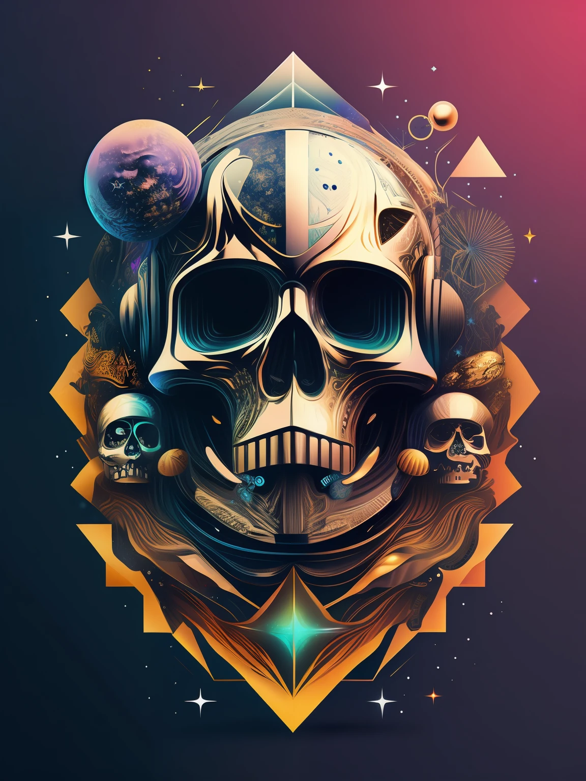 "starry space, stylized astronaut helmet and skull, intricate design, ultra-detailed vector artwork, floating, dynamic viewpoint, metallic shine, intricate details, holographic displays, atmospheric effects, sci-fi theme".