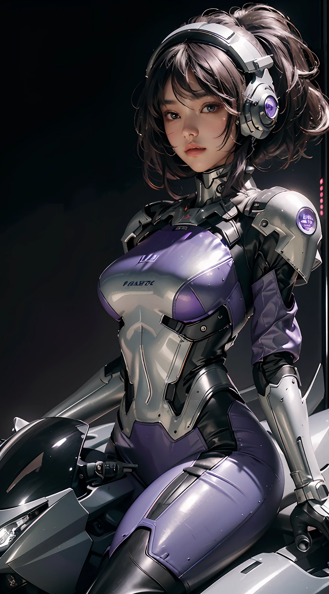 Highest image quality, outstanding detail, ultra-high resolution, (fidelity: 1.4), the best illustration, favor details, highly condensed 1girl, with a delicate and beautiful face, wearing a purple and silver mech, wearing a mecha helmet, holding a direction controller, riding on a motorcycle, the background is a high-tech lighting scene of the future city.