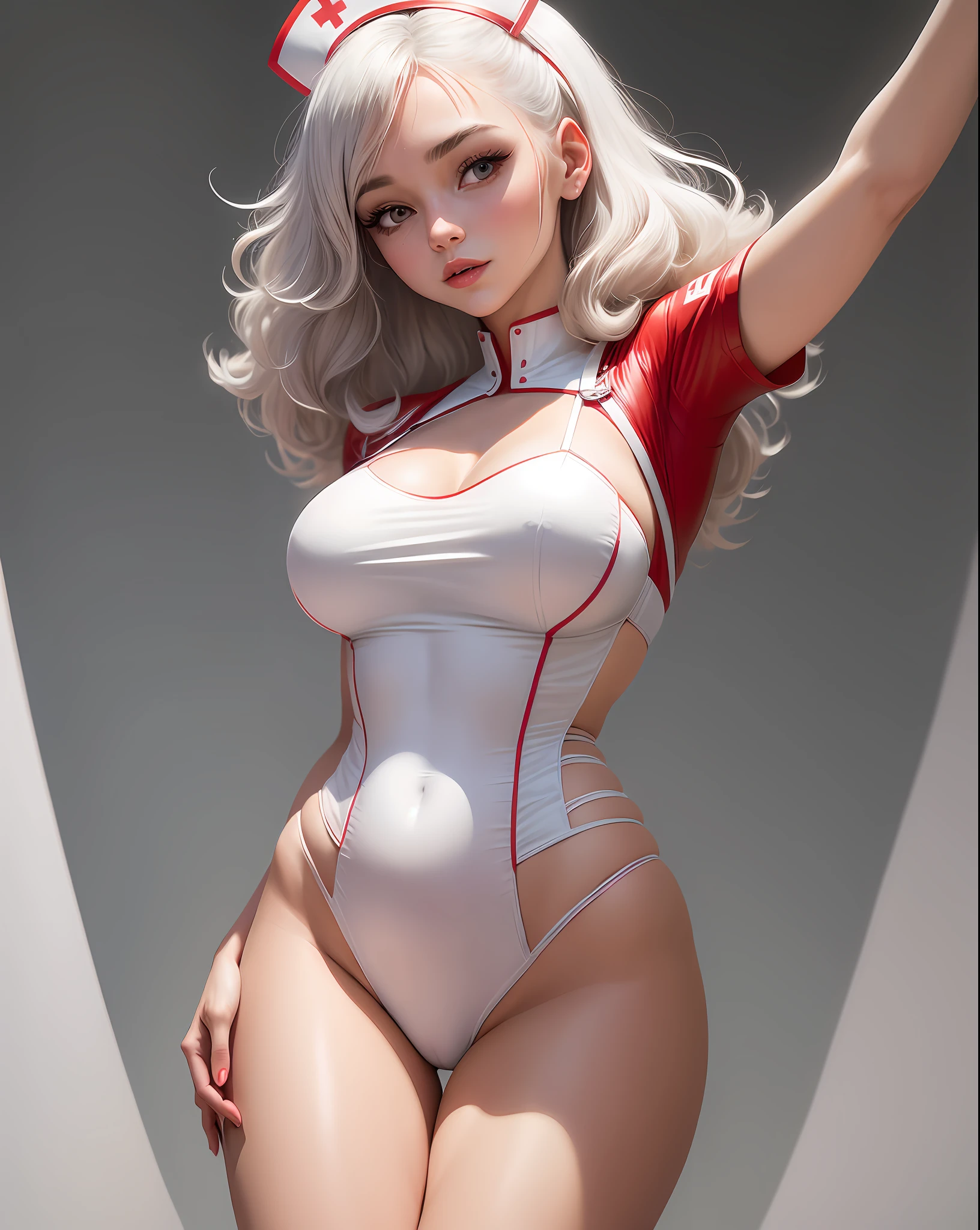 Arafed woman in a white and red nurse costume posing for a photo, close-fitting nurse costume, nurse costume, high quality costume, nurse leather suit, wavy lingerie, monokini, nurse scrubs, wearing sexy lingerie, nursing, sexy, plain white tight suit, minimalist white background