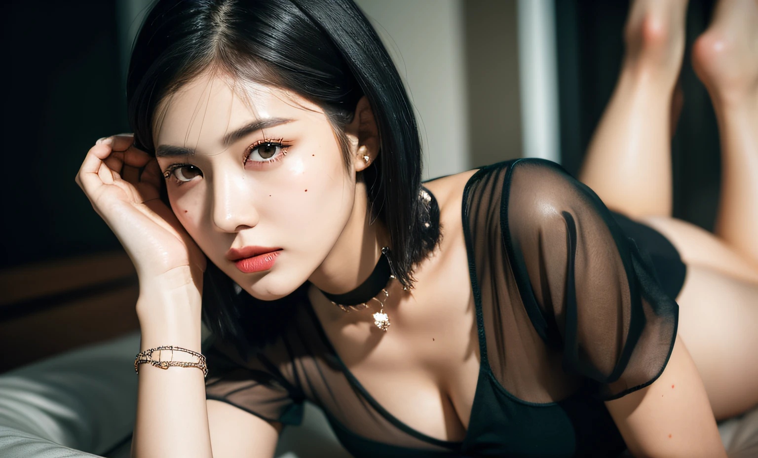 Black hair bob, (8k, RAW photo, photorealistic: 1.25), (very much lip gloss, many eyelashes, highest quality, ultra high resolution, depth of field, chromatic aberration, caustics, wide light, natural color, Japanese , Female in her 30s) Staring at the viewer, necklace, bracelet, choker, full body, big breasts, mole on chest, bare legs, see-through blouse