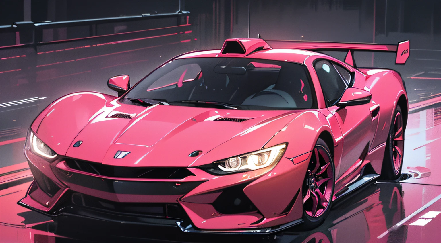 (masterpiece), (best quality), (best detail), (dynamic point of view, wide angle),(main color of illustration: metallic red), (secondary color: pink), a sports car from the 70' wet (chassis bright, wet), beautiful driver, city stage illuminated by neons, night (moon),shading (detailed, quality)