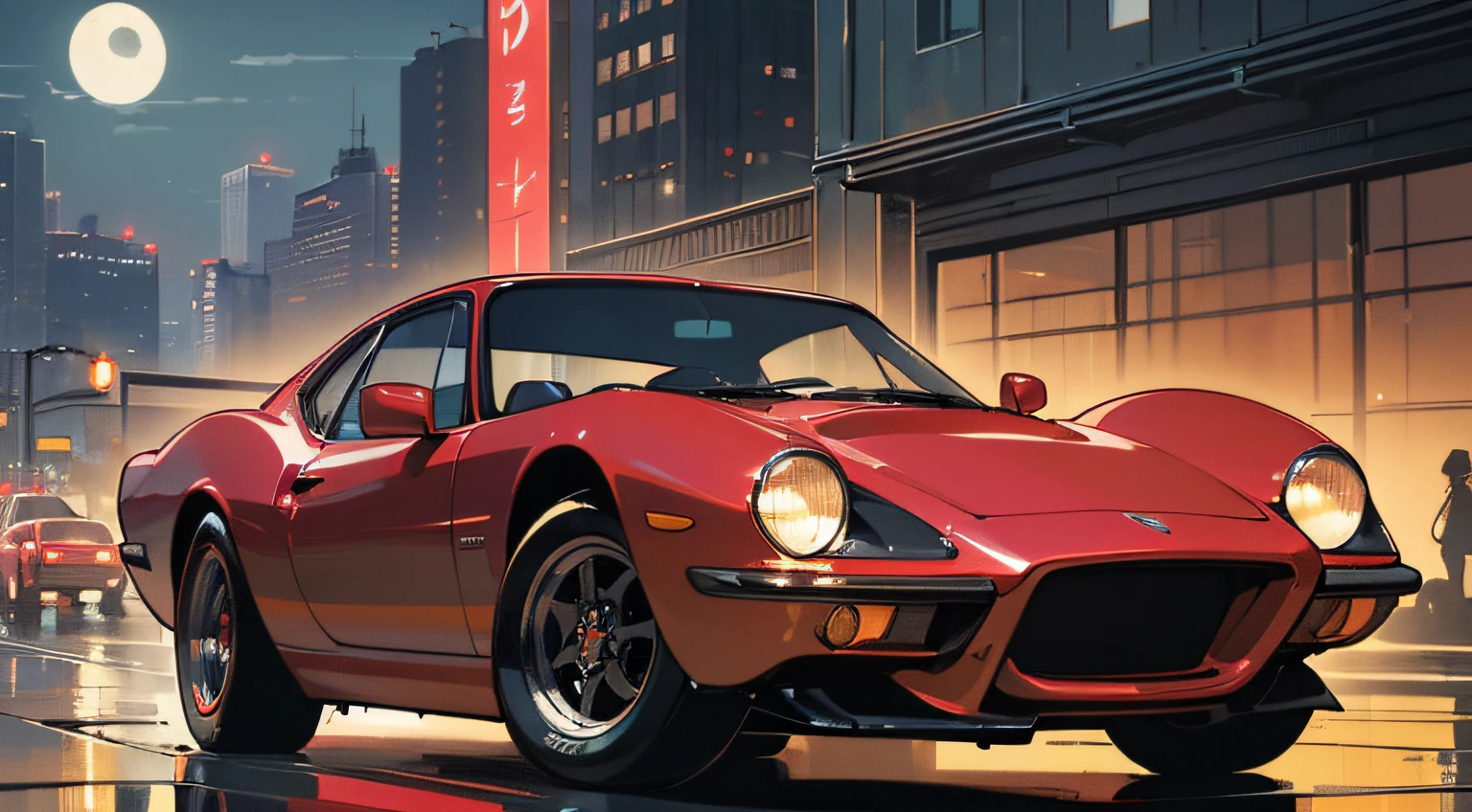 (masterpiece), (best quality), (best detail), (dynamic point of view, wide angle),(main color of illustration: metallic red), (secondary color: black), a classic sports car70' wet (shiny chassis, wet), beautiful driver, city stage illuminated by neons, night (moon),shading (detailed, quality)