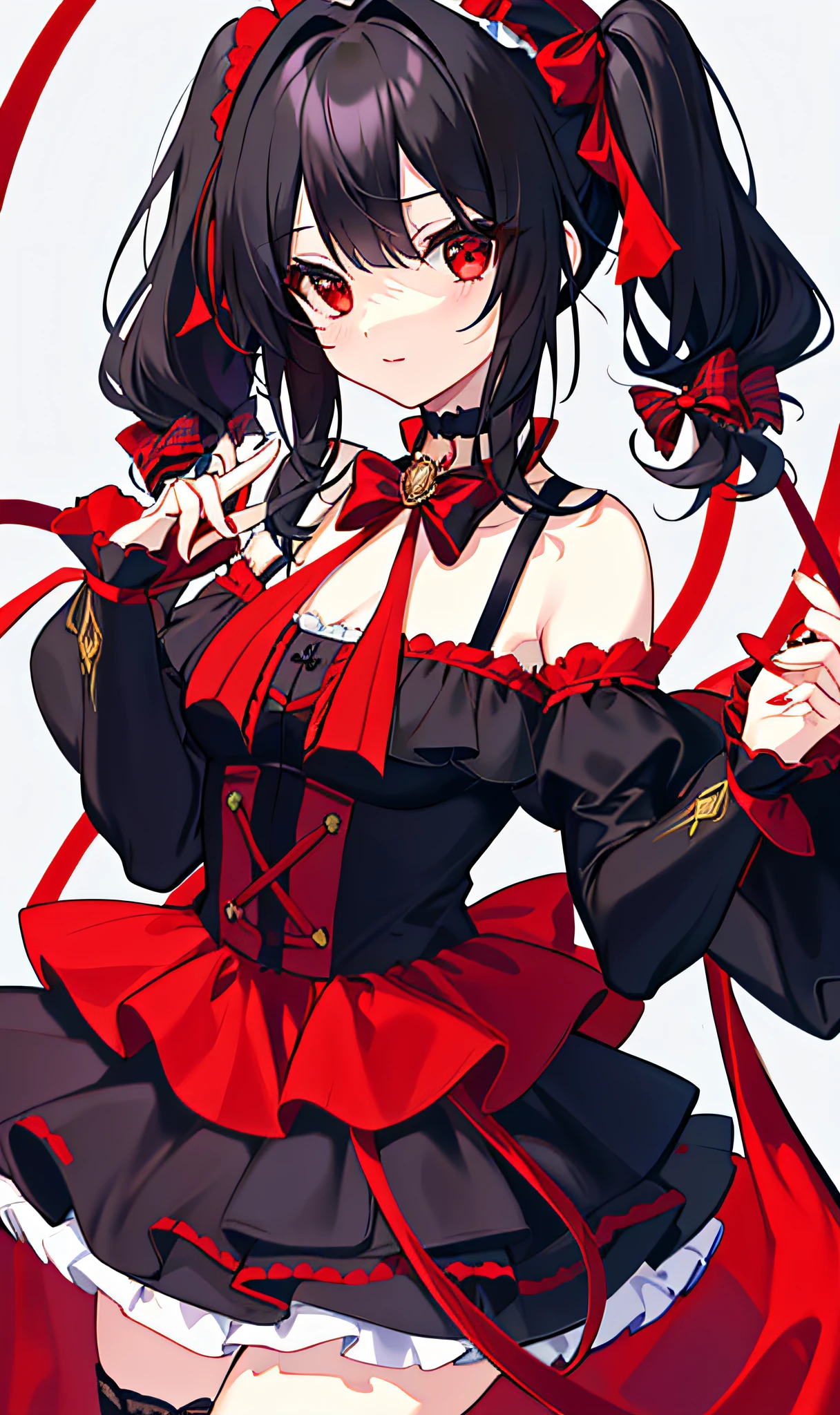 Background Plain, (Masterpiece))), (((Best Quality))), (((Very Detailed))), Detailed Fingers, Illustration, 1 Girl, Solo, Black Hair Twin Tails, Red Eyes, Black Choker with Red Ribbon, Wide Open Chest, Cleavage, Red Sleeveless Goth Costume with Black Ruffles, Black Sleeves with Red Ruffles Revealing Shoulders, Red Skirt with Black Ruffles, Red headdress with black pattern, Kyozo Tokizaki,