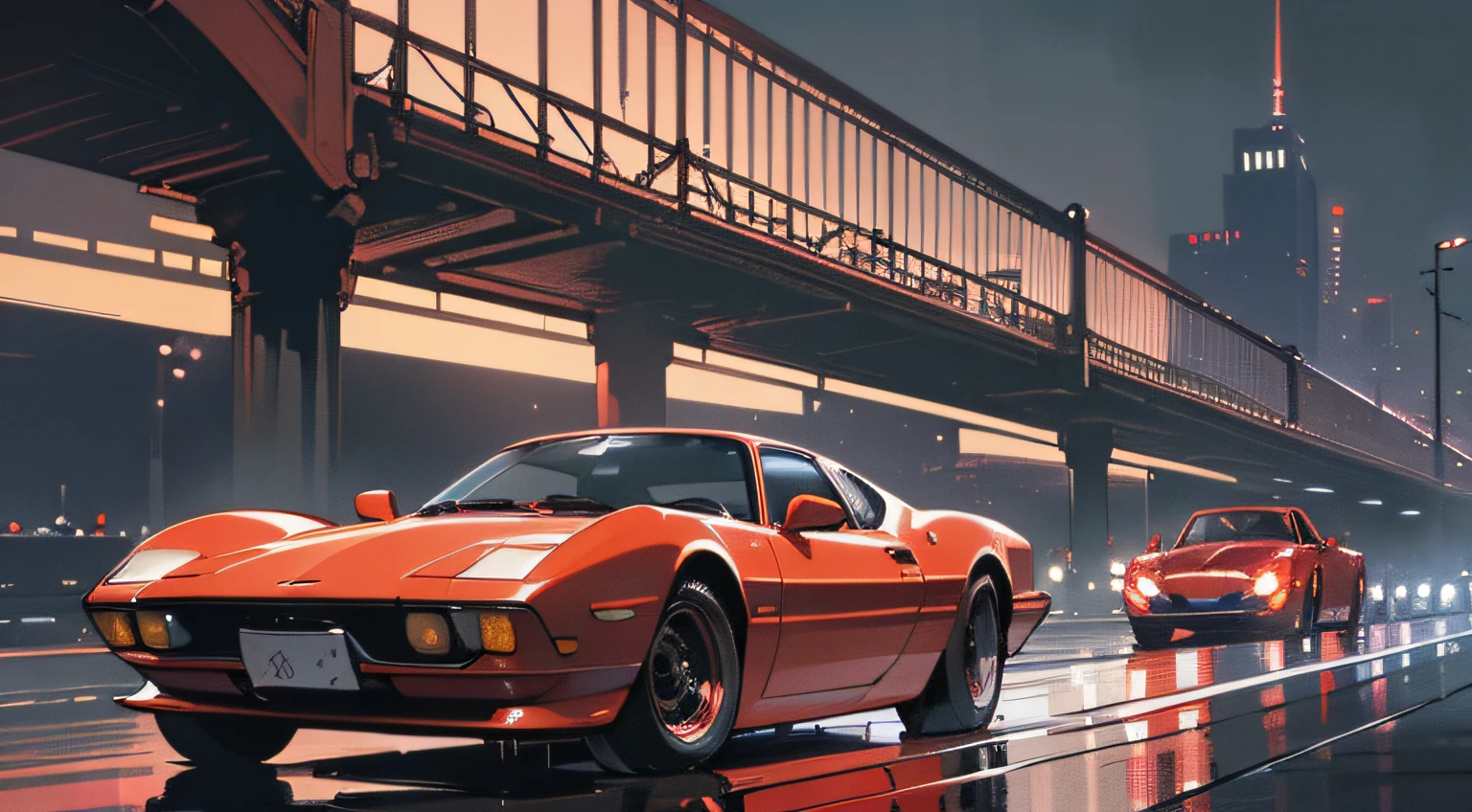 (masterpiece), (best quality), (best detail), (dynamic point of view, wide angle),(main color of illustration: metallic red), (secondary color: black), a classic sports car70' wet (shiny chassis, wet), beautiful driver, city stage illuminated by neons, night (moon),shading (detailed, quality)