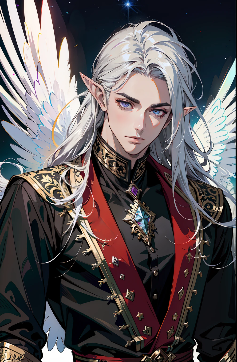 (absurdres, highres, ultra detailed), 1 male, adult, handsome, tall muscular guy, broad shoulders, finely detailed eyes and detailed face, red color long hair, fantasy, complex pattern, detailed face, black wings, lens flare, colorful, black clothes, silver bracelets and accessories, prism, glowing, glitter, particles, bloom, likes to celebrate and have fun, enjoys nature, bright and gothic outlook, creative and adventurous spirit, represents happiness and harmony, elf ears, violet eyes