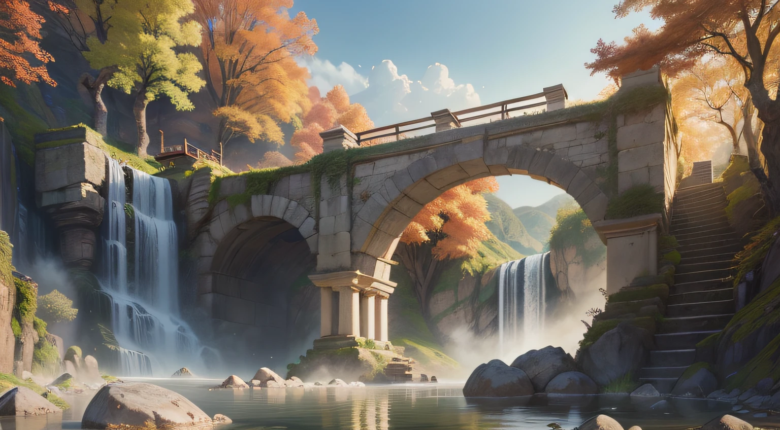 Ancient architecture, autumn, bamboo, lake, stone bridge, rock, arch, corner, tree, tap water, landscape, waterfall, meadow, rock, water lily, hot springs, water vapor, (illustration: 1.0), epic composition, realistic lighting, high definition detail, masterpiece, best quality, (very detailed CG unified 8k wallpaper)