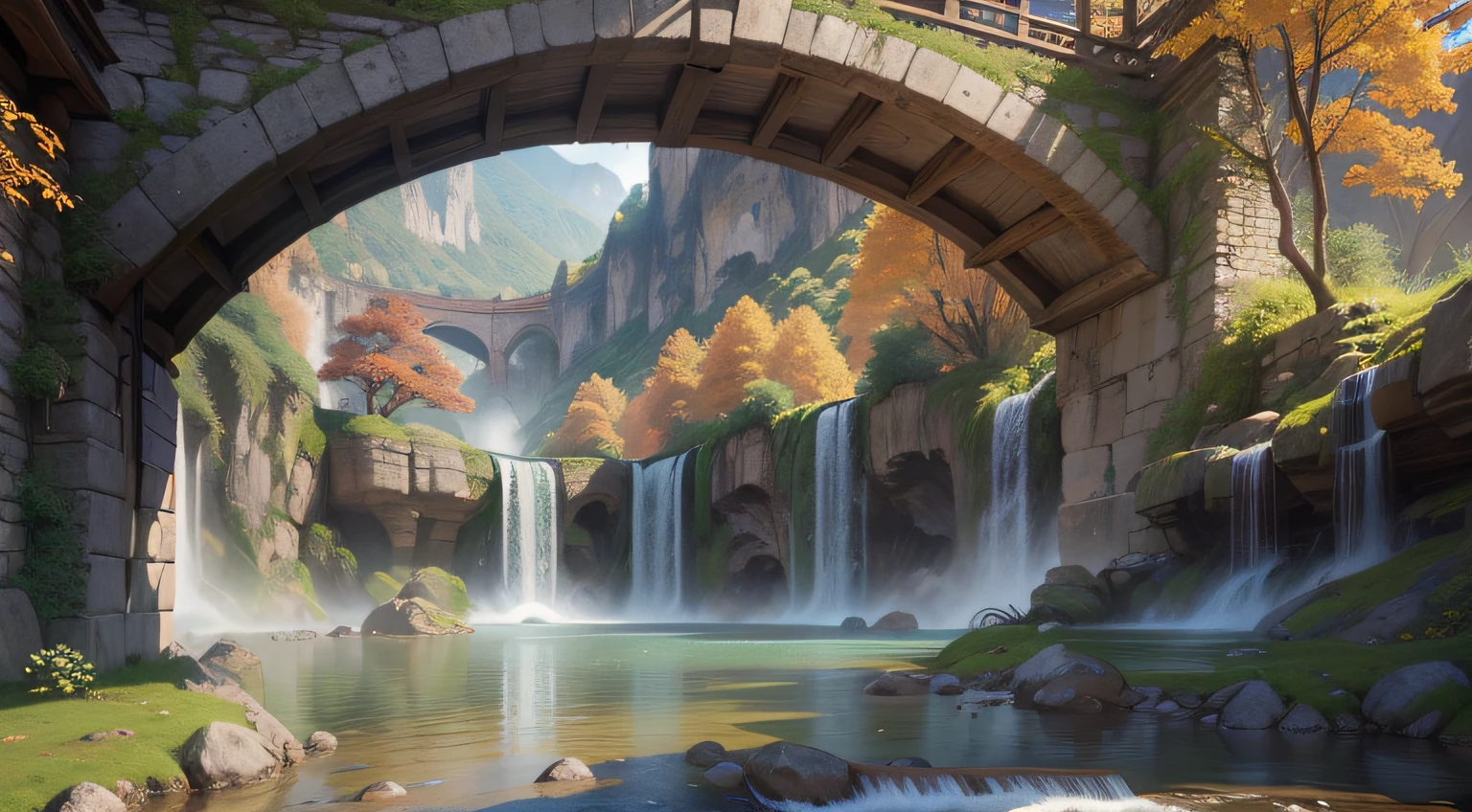 Ancient architecture, autumn, bamboo, lake, stone bridge, rock, arch, corner, tree, tap water, landscape, waterfall, meadow, rock, water lily, hot springs, water vapor, (illustration: 1.0), epic composition, realistic lighting, high definition detail, masterpiece, best quality, (very detailed CG unified 8k wallpaper)