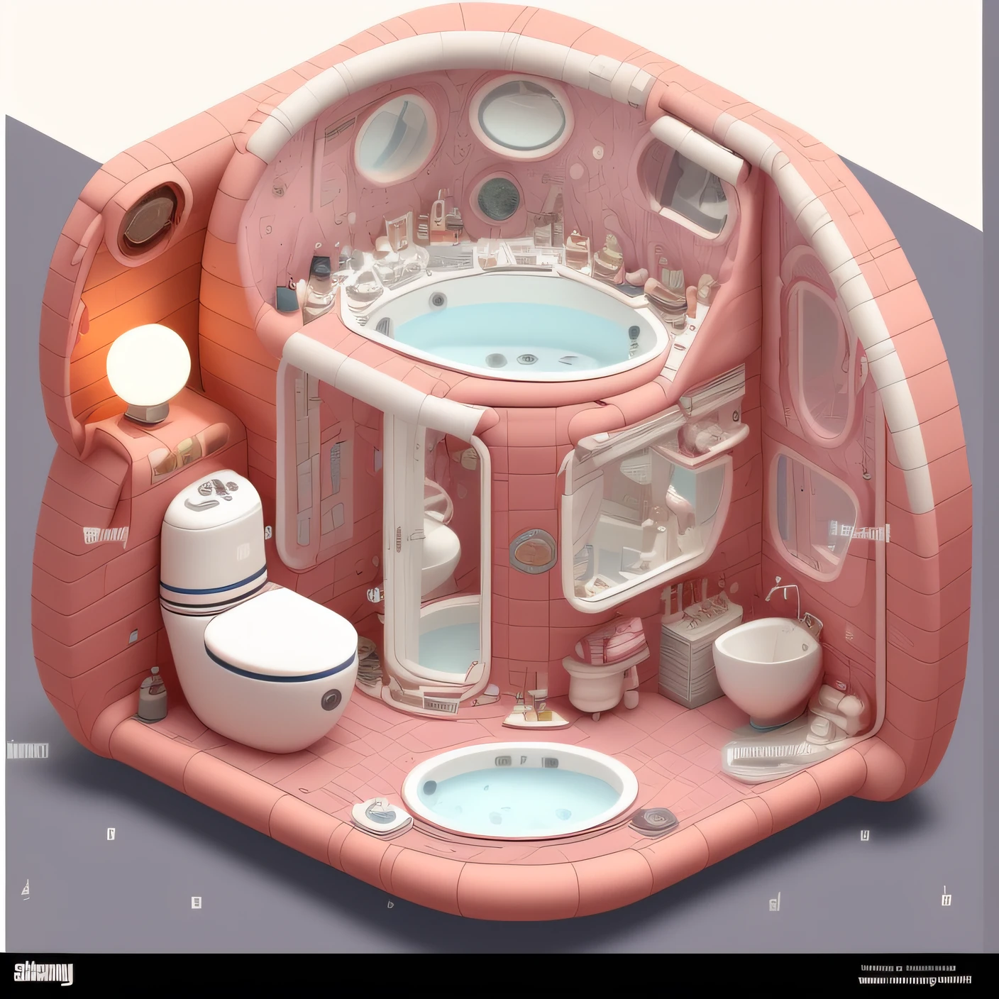 duskametrick15 isometric cutaway big bathroom in ussr style, rim lighting