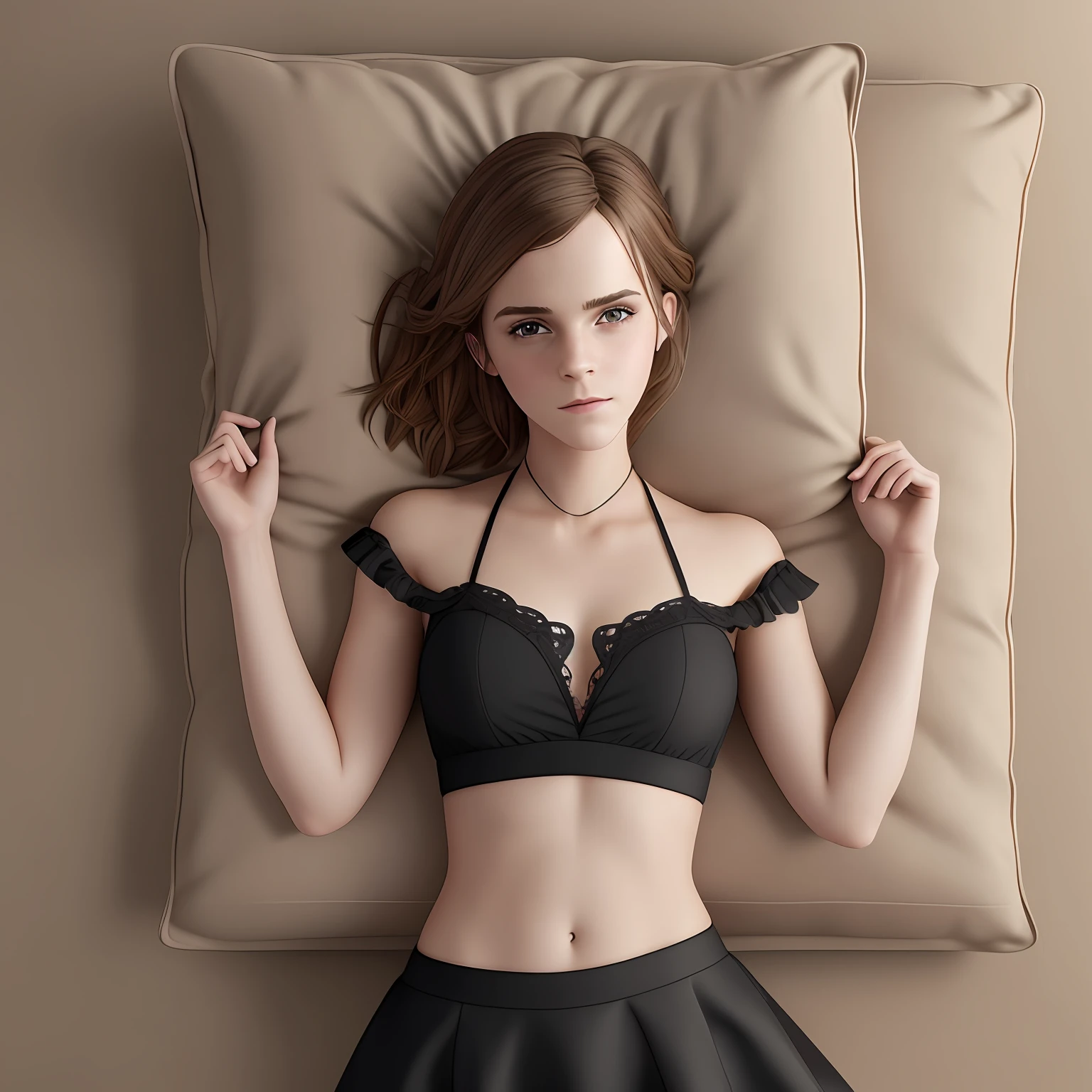 (Emma Watson: 1.8), bedroom, sensual, dreamy, (round breasts: 1.4), (black top: 1.5), (black short skirt: 1.5), (groin: 1.2), (beautiful big eyes: 1.4), (focus on eyes and mouth: 1.5), collarbone, belly button, natural light, extremely detailed, 8yk, raw photo, high level of detail, (ray tracing), (masterpiece), (best quality), high resolution, (realistic: 1.4), physically based representation, ultra-realistic, whole body --auto --s2