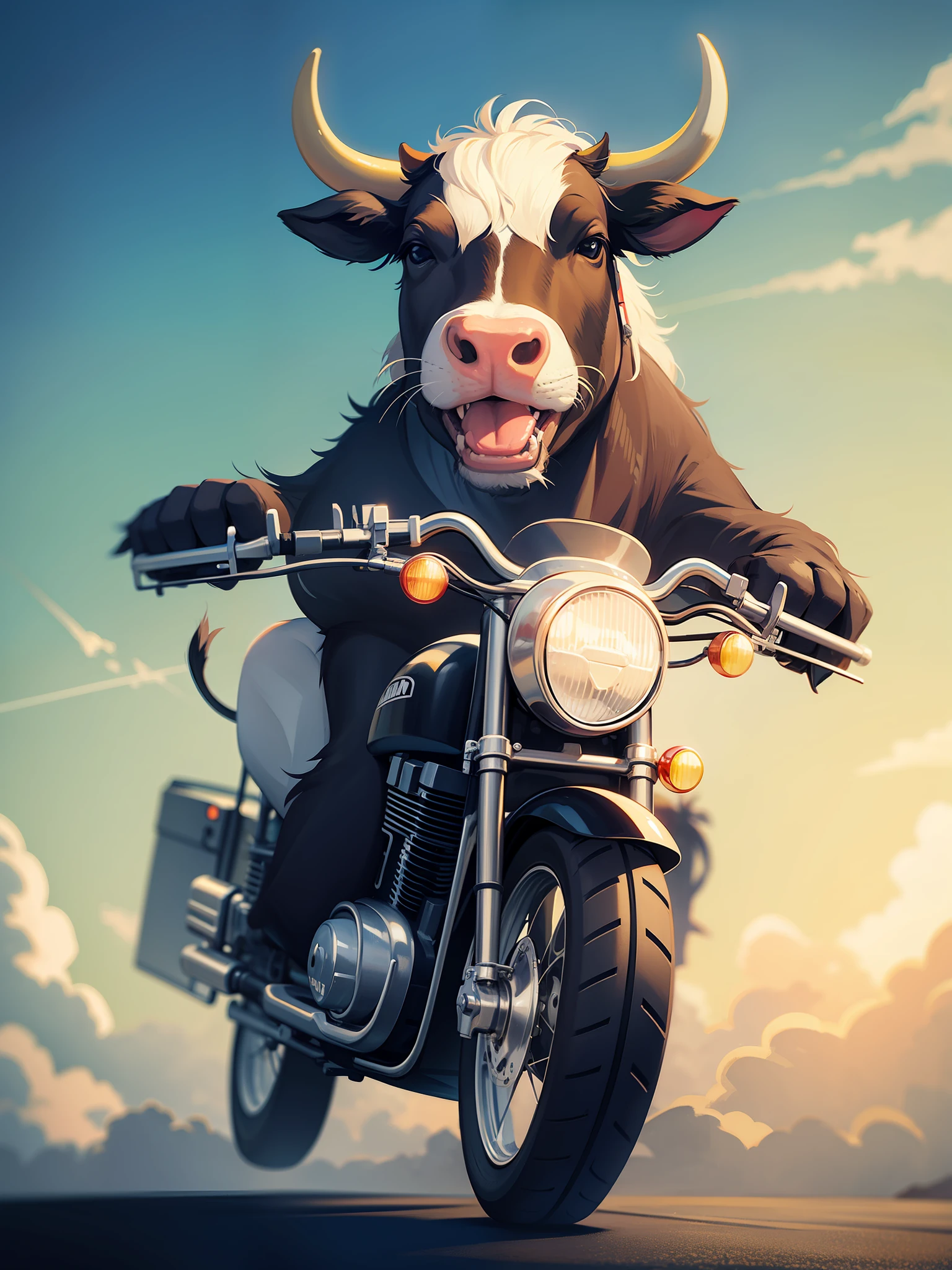 a cow smiling and riding a motorcycle
