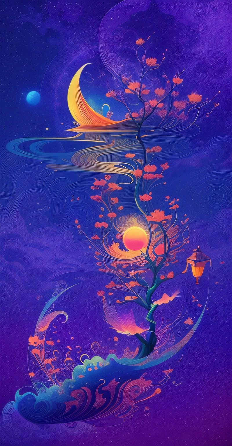 A painting of a plum blossom with the moon in the background, inspired by George Lacom, James A. R. Izzy, Night Moonlight, Moonlight Night, Plum Blossoms and the Moon, inspired by Marin, Calm Night. Digital illustration, moonlight, inspired by Ji Sheng, autumn night, inspired by Shen Shichong, luminous style painting, moonlight, blurry and dreamy illustration, calm night. Digital illustration, blurry and dreamlike illustration, Amédée Ozenfant, fantastic illustration, in astral plane , color plane surreal and ethereal, in cosmic realm, in surreal dreamscape, light and shadow, waves, multi-layered, foreground, vista, fractal thunder Dan Mumford, Dan Mumford and Alex gray style, psychedelic surrealist art, surrealist psychedelic design, dream art style, optical illusion psychedelic art, infinite psychedelic waves, inspired by Cyril Rolando ( Cyril Rolando), authentic ripple structure, psychedelic art style, psychedelic art, psychedelic illustration - V6