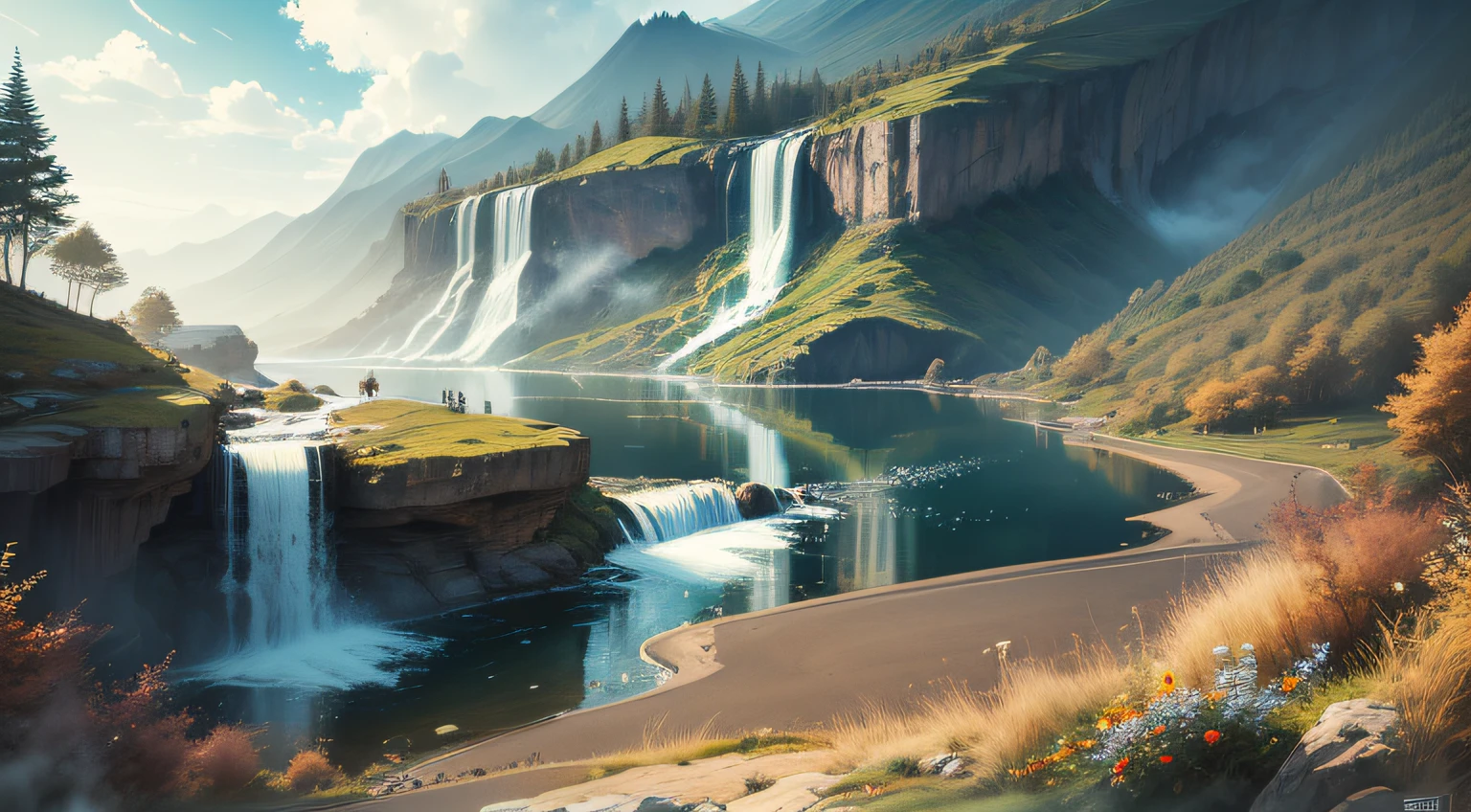 landscape, nature, waterfall, dynamic light, realistic terrain. highly detailed. --auto --s2