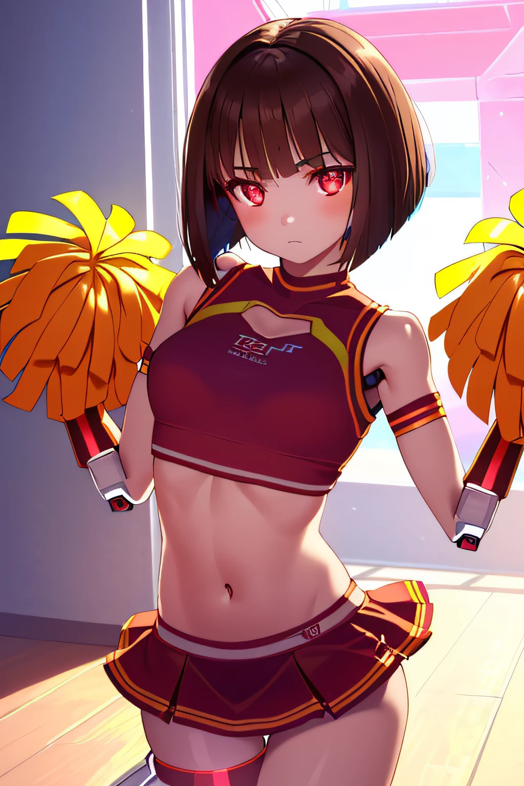 (sfw), intricate details, (bright neon colors), detailed background, daylight, indoors, 1girl, (petite, (expressionless cute face, bright glowing red eyes), (human torso, petite perky breasts, cheerleader, robotic arms, robotic legs), (brown hair, bob cut)), dynamic angle