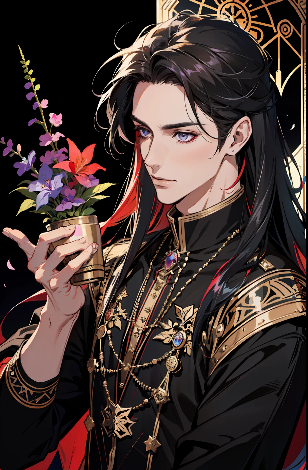 (absurdres, highres, ultra detailed), 1 male, adult, handsome, tall muscular guy, broad shoulders, finely detailed eyes and detailed face, red color long hair, fantasy, complex pattern, detailed face, lens flare, colorful, black clothes, bracelets and accessories, prism,, particles, bloom, likes to celebrate and have fun, enjoys nature, bright and gothic outlook, creative and adventurous spirit, represents happiness and harmony, elf ears, violet eyes