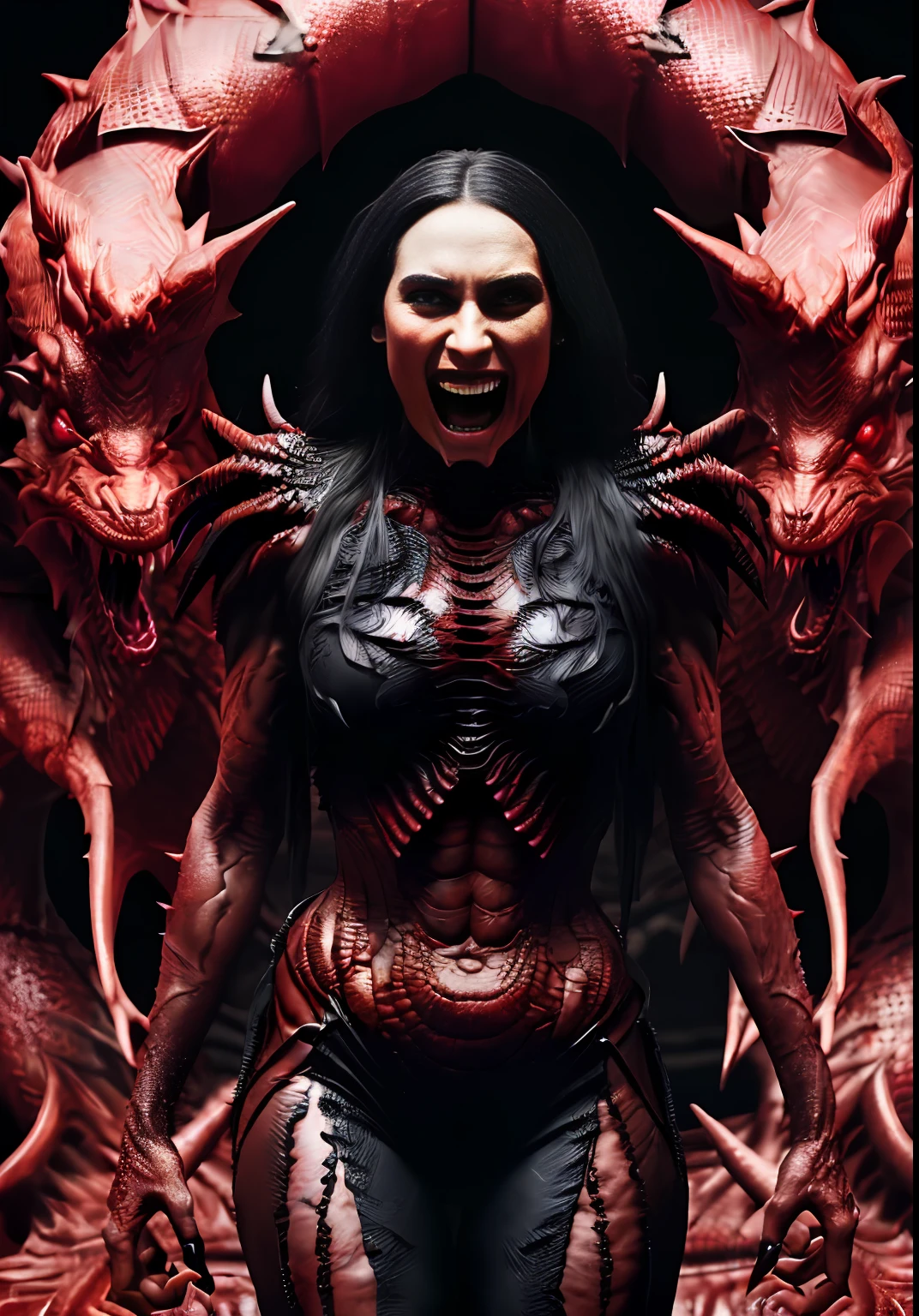 demon young beautiful woman, monster, ((texture of own skin: red dragon scales)), open mouth, (((sharp big teeth)), masterpiece, high quality raw photo, full body, cinematic lighting, cinematic colors, extremely detailed, best quality, photorealistic, ultra realistic, radiosity, 8k hdr, dark solid background, HR GIGER